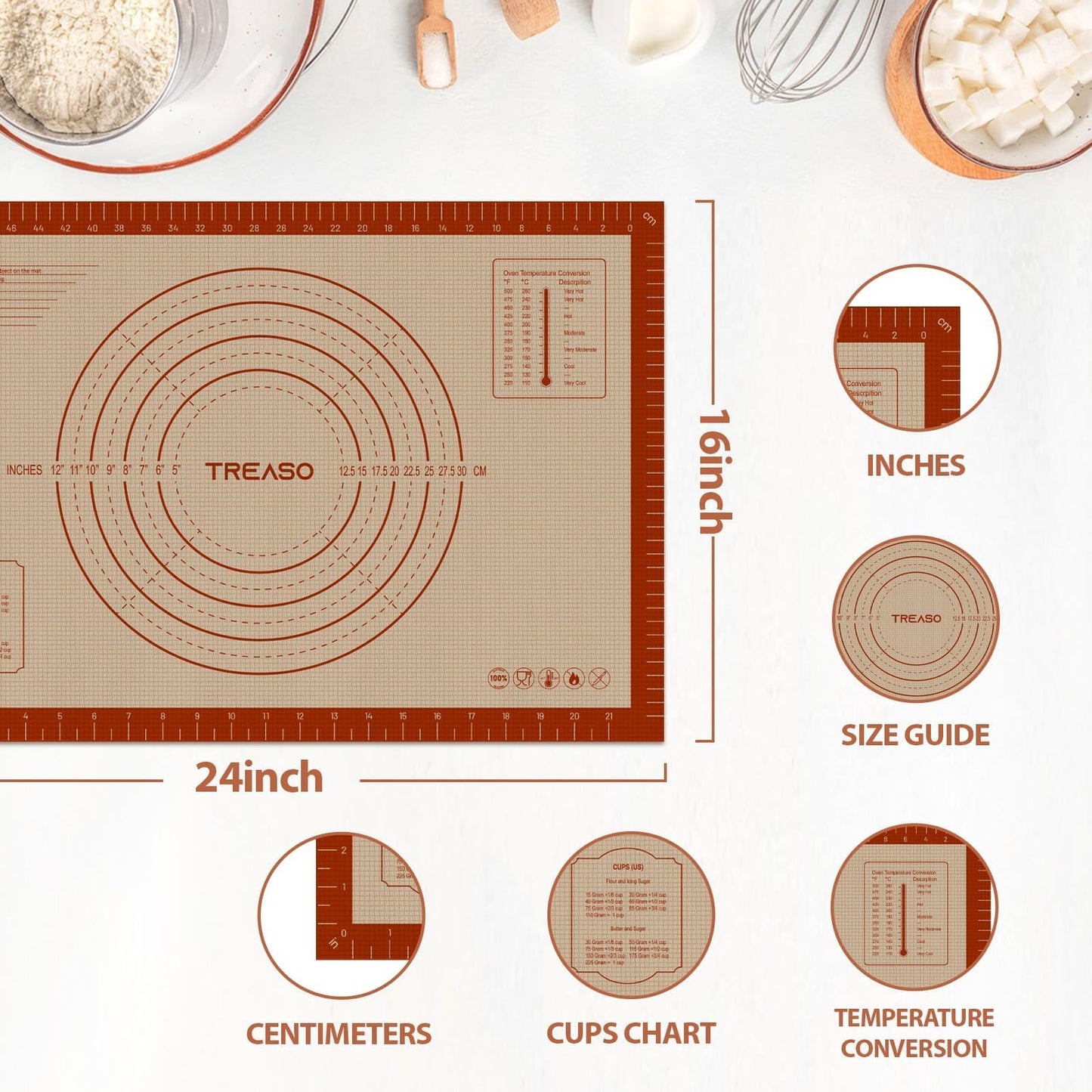 Silicone Pastry Mat, 16" x 24" Silicone Baking Mat for Counter Rolling Dough, Reusable Non-Stick Extra Large Dough Mat with Measurement for Pie Crust, Pizza and Cookies
