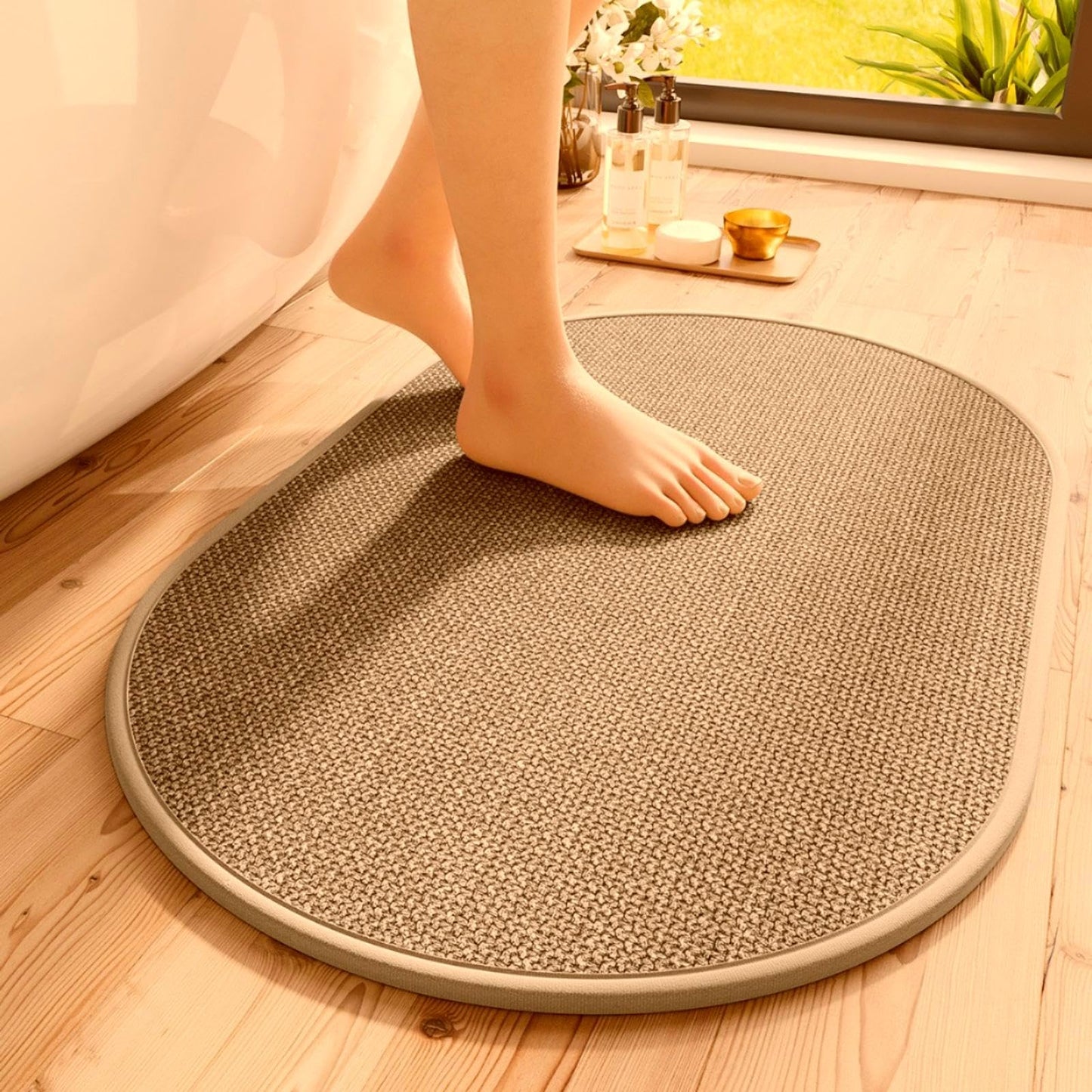 Eunoia Oval Bathroom Rugs 16x24 Inch, Bath Mat Non Slip Washable,Quick Absorption & Durable, Soft Shag Bath Mats for Bathroom Floor, Tub and Shower, Light Brown