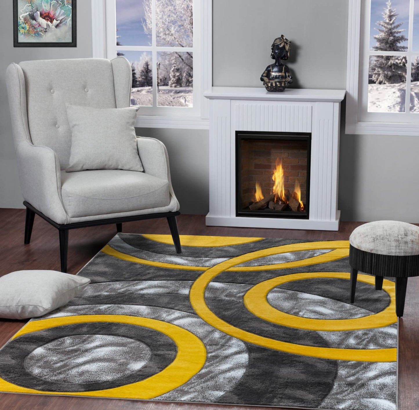GLORY RUGS Area Rug Modern 4x6 Yellow Circles Geometry Soft Hand Carved Contemporary Floor Carpet Fluffy Texture for Indoor Living Dining Room and Bedroom Area