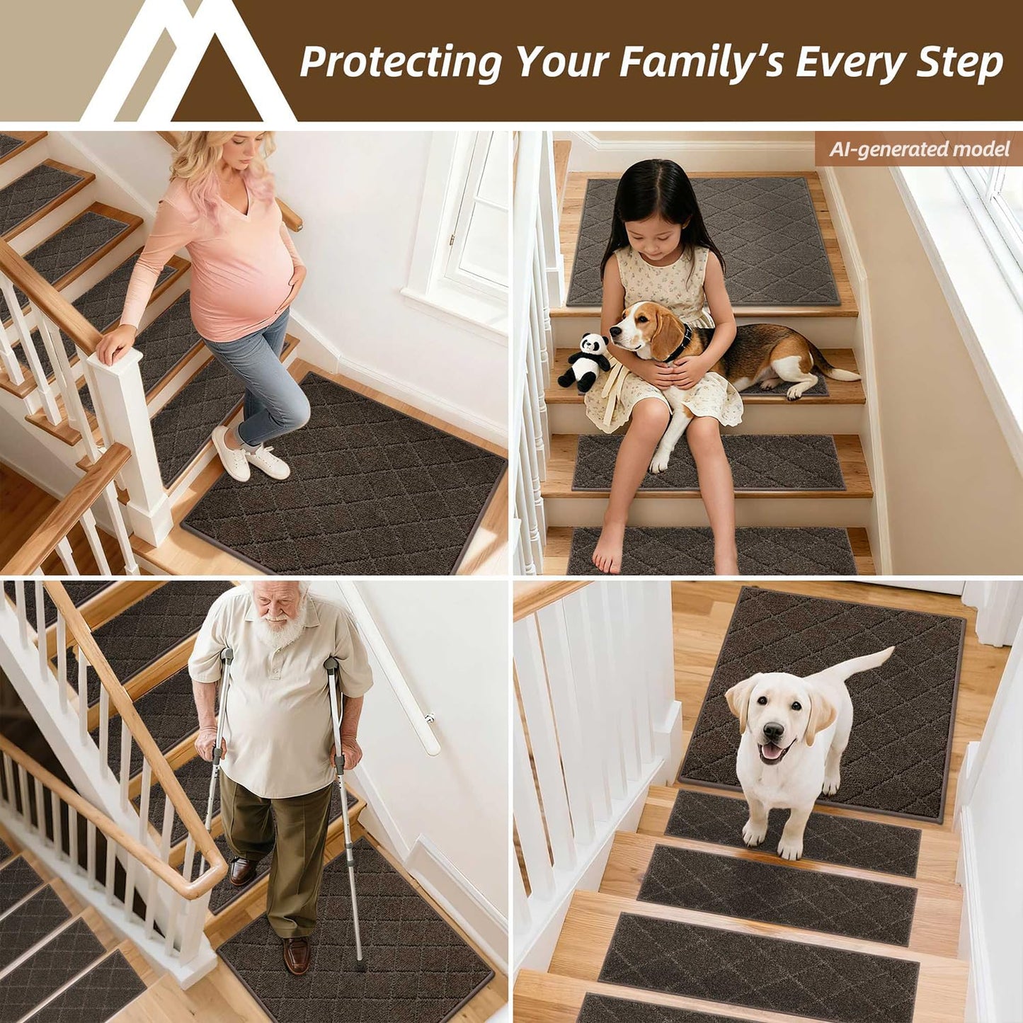 COSY HOMEER Edging Stair Treads Non-Slip Corner Indoor Stair Runners for Wooden Steps,Landing Slip Resistant Stair Rugs Mat for Kids and Dogs,100% Polyester TPE Backing,Brown,30x30 inch