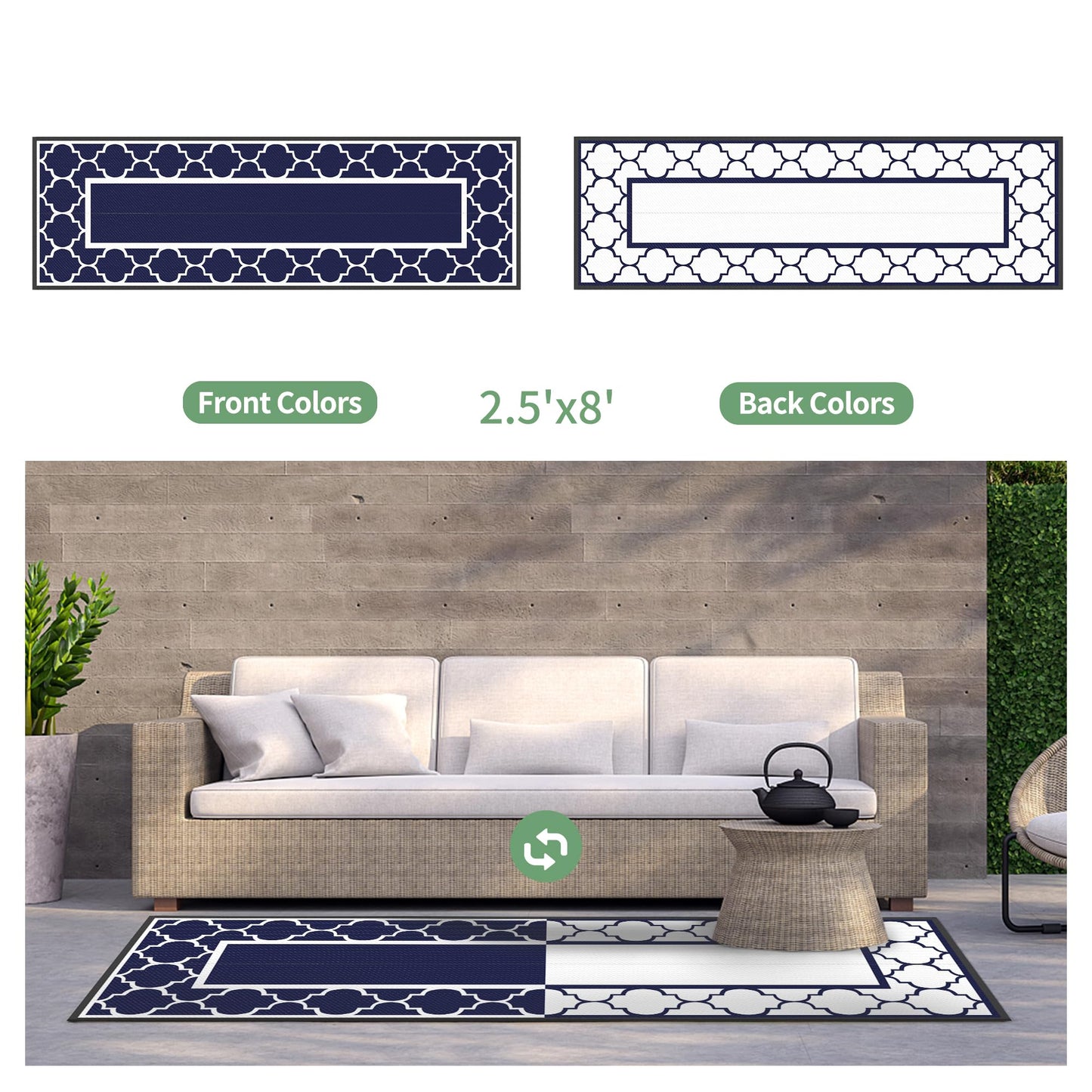 GENIMO 2.5' x 8' Outdoor Rug Waterproof for Patio Decor, Foldable Reversible Plastic Straw Area Rugs Mat for Runner Porch, Outside Carpet for Rv, Deck, Picnic, Beach, Balcony, Camper, Blue & White
