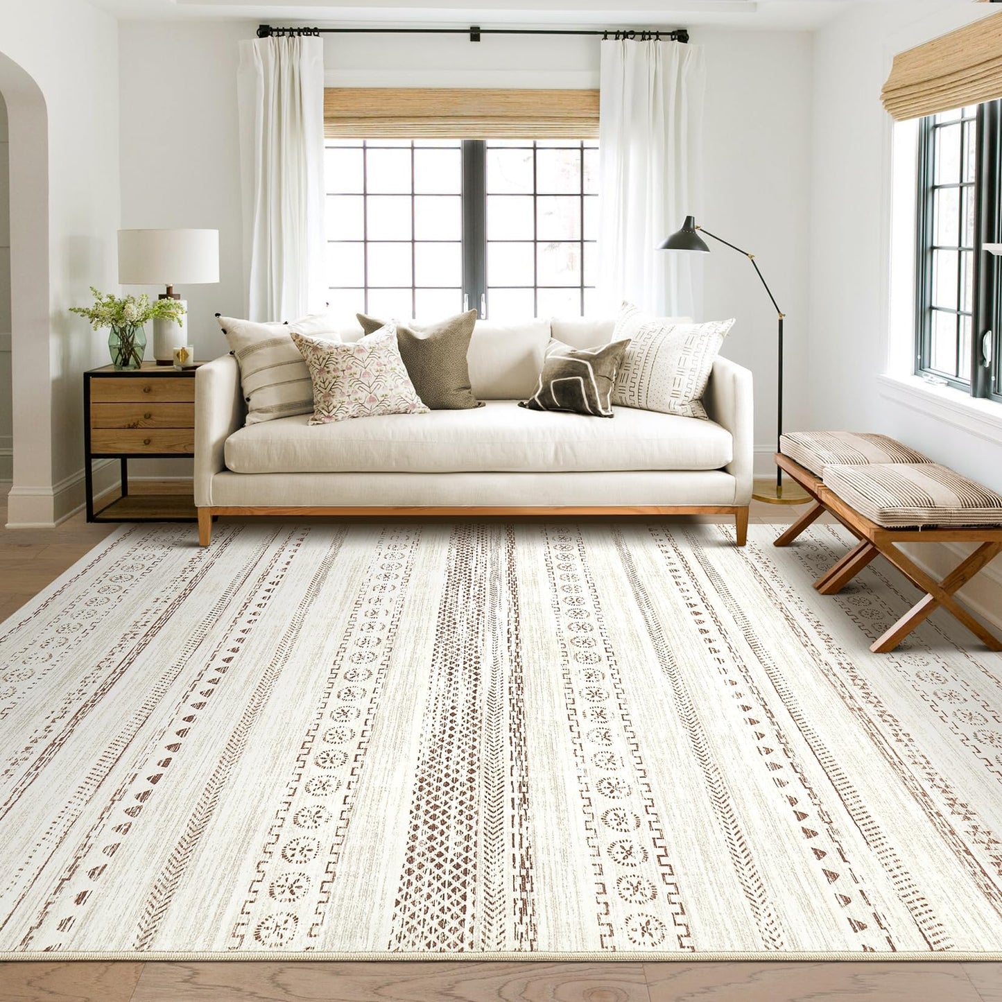 kakania 5x7 Washable Area Rug: Non Slip Soft Thin Carpet, Boho Geometric Modern Decor, Easy Clean Indoor Floor Rugs for Living Room Bedroom Kids Dorm Office Dining - Brown