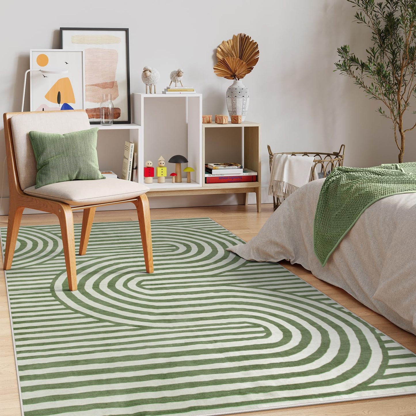 Lahome Green Washable Rug 5x7, Soft Kids Bedroom Rug Mid Century Modern Area Rugs for Living Room, Non-Slip Ultra-Thin Stain Resistance Abstract Rug for Nursery Large Playroom Office Alba(5'X7',Green)