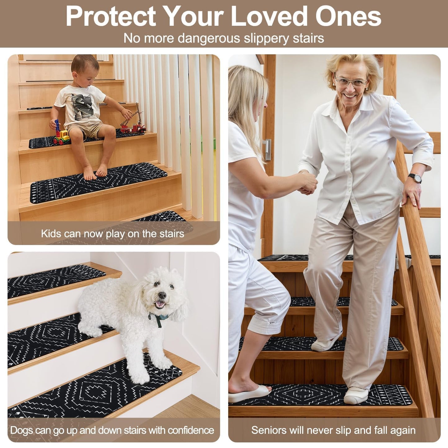 OJIA Boho Stair Treads Non-Slip Stair Runners for Wooden Steps Indoor 15PCS 30"x8" Washable Carpet Stair Treads Stair Mats Staircase Step Treads for Kids, Elders and Dogs, Stair Covers, Black
