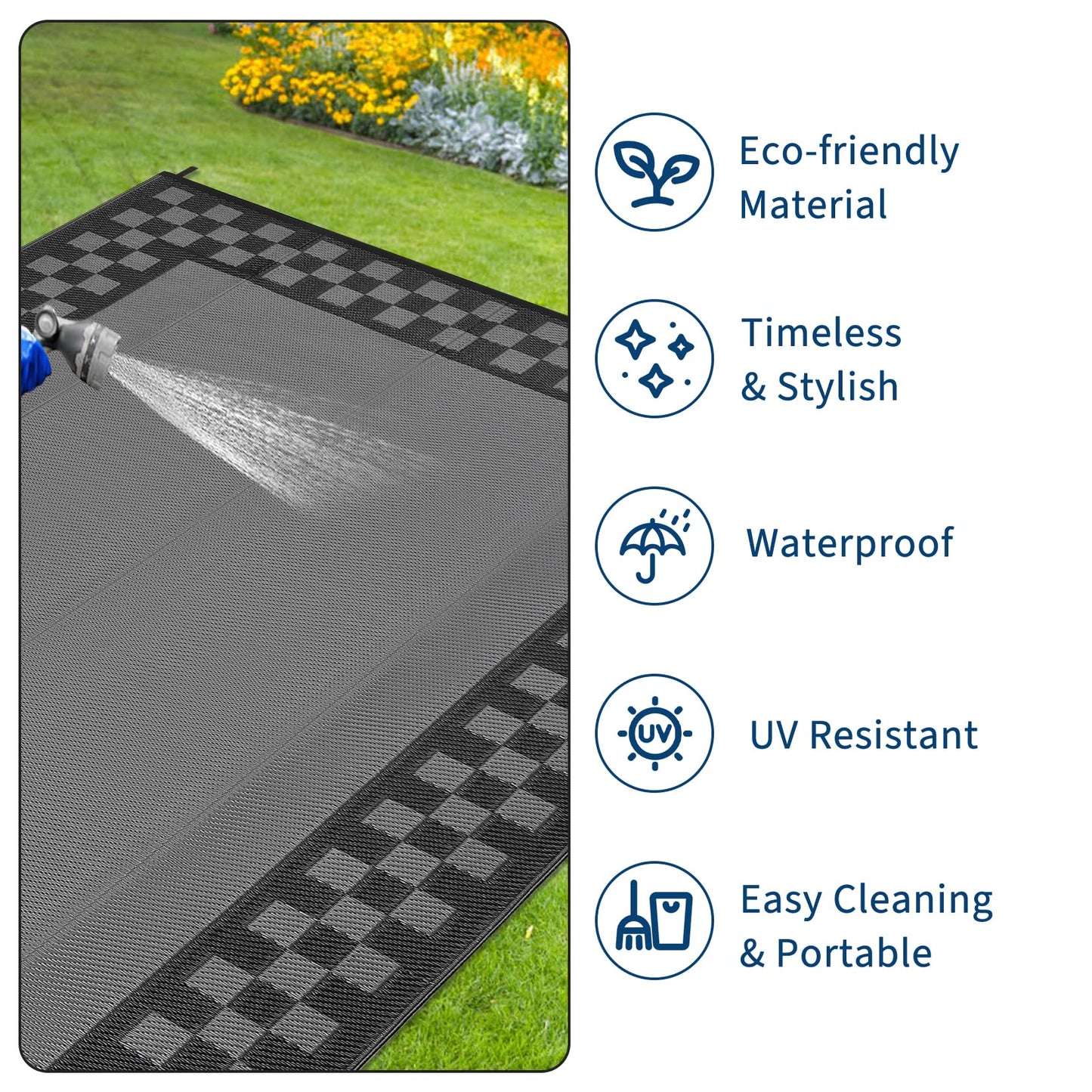 Checkered Outdoor Rug 8x10 Waterproof Modern Bordered Patio Rugs Plastic Straw Rug Large Indoor Outdoor Throw Carpets Reversible Mat for Picnic, Backyard, Rv, Beach, Deck, Camper, Balcony, Grey