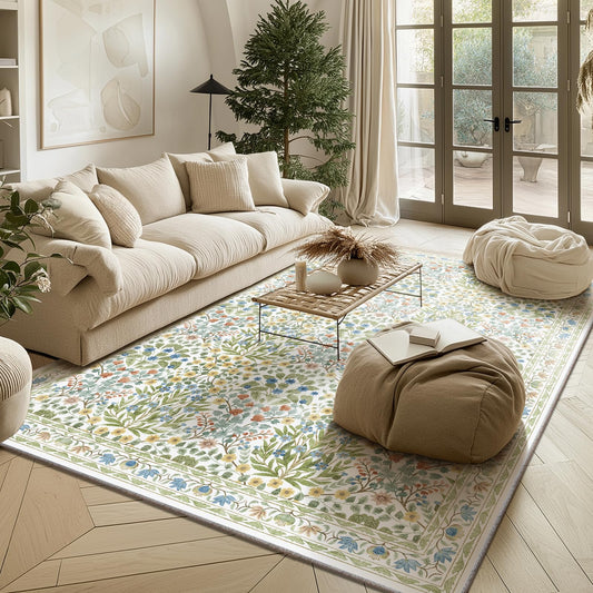 Baksham Light Green 5x7 Area Rug - Vintage Floral Washable Bedroom Rug for Living Room, Nursery, Dining Room - Low Pile, Non-Slip, Stain Resistant, Retro Indoor Floor Rug