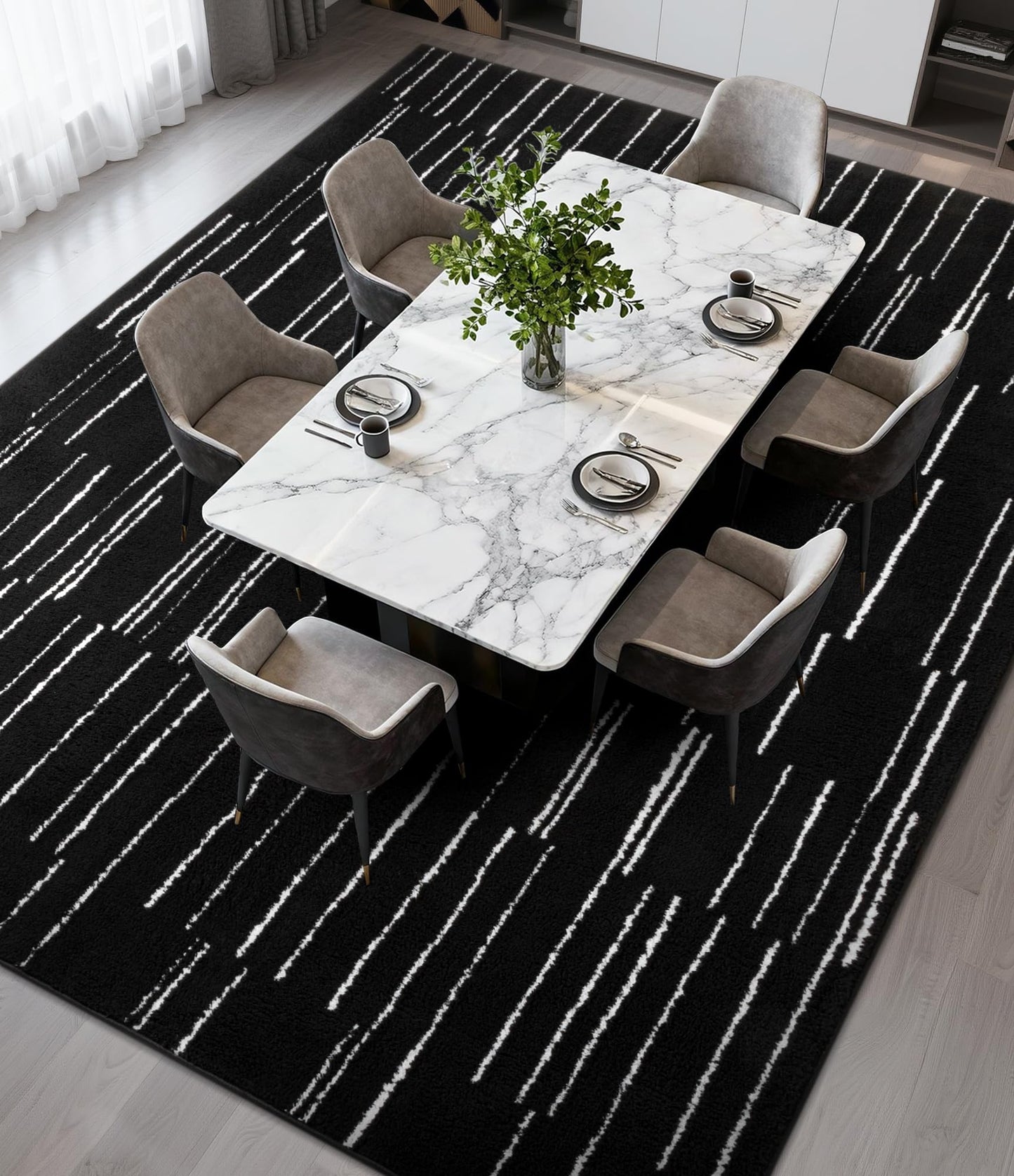 YIHOUSE 5x7 Abstract Striped Area Rug, Modern Washable Stain Resistant Rugs Non Slip, Soft Indoor Floor Carpet for Living Room, Bedroom,Dining Room, Black and White