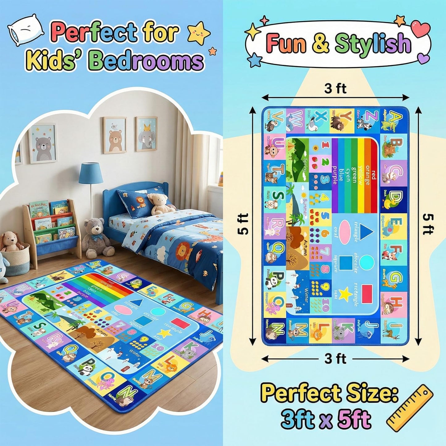 OGPJKEQR Kids Educational Area Rug 3x5, Non-Slip ABC Alphabet Rug for Playroom Bedroom, Learning Carpet with Numbers Animals Seasons, Classroom Nursery Floor Play Mat for Toddlers Boys Girls