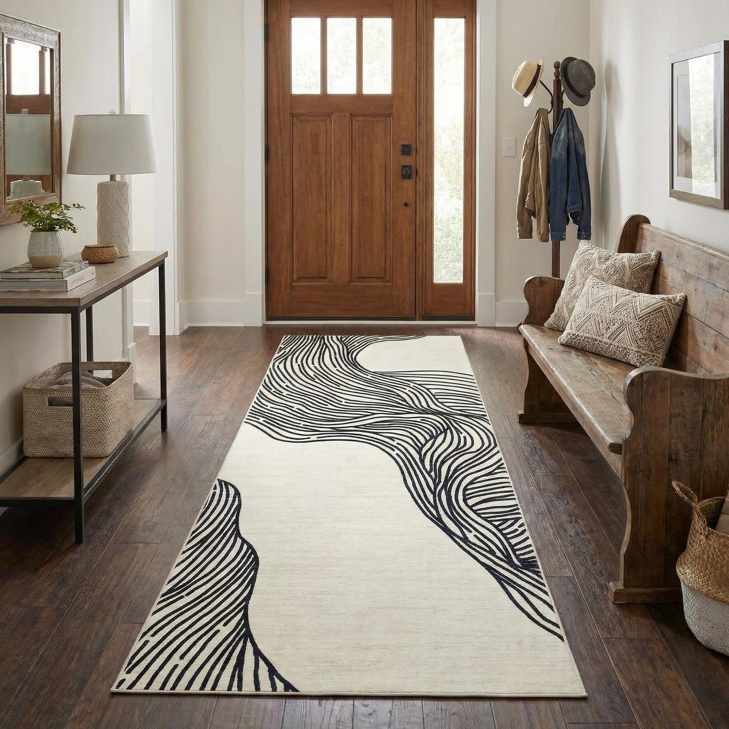 Garvee Washable Runner Rug 2x6 Modern Runner Rug Non Slip Abstract Hallway Runners Indoor Soft Low Pile Lines Printed Entryway Runners Aesthetic Minimalist Bedside Floor Mat for Laundry Kitchen, Cream