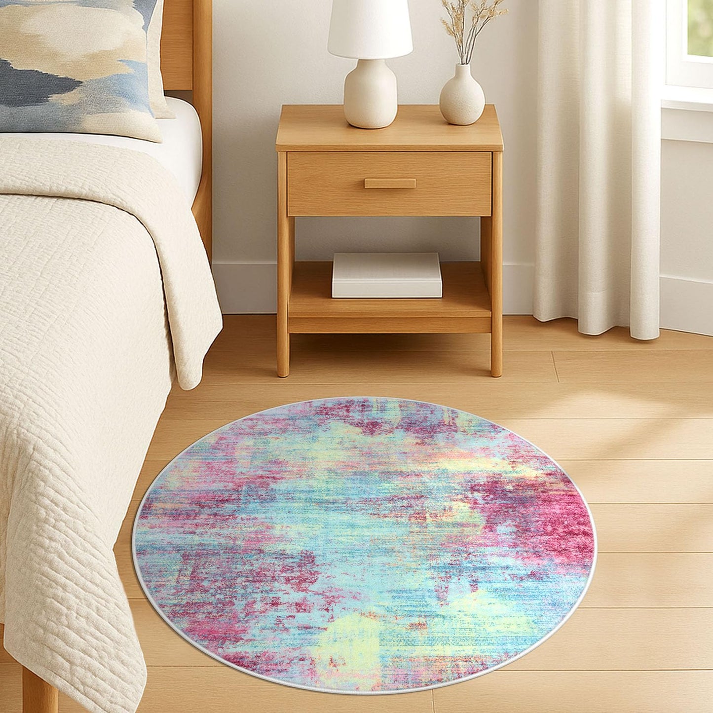IOHOUZE Round Area Rug 3 Ft Circle Entryway Rugs Round Washable Door Mat Indoor Entrance, Non Slip Circle Front Door Rug, Printed Abstract Faux Wool Floor Carpet for Foyer Porch Sink, Pink Teal