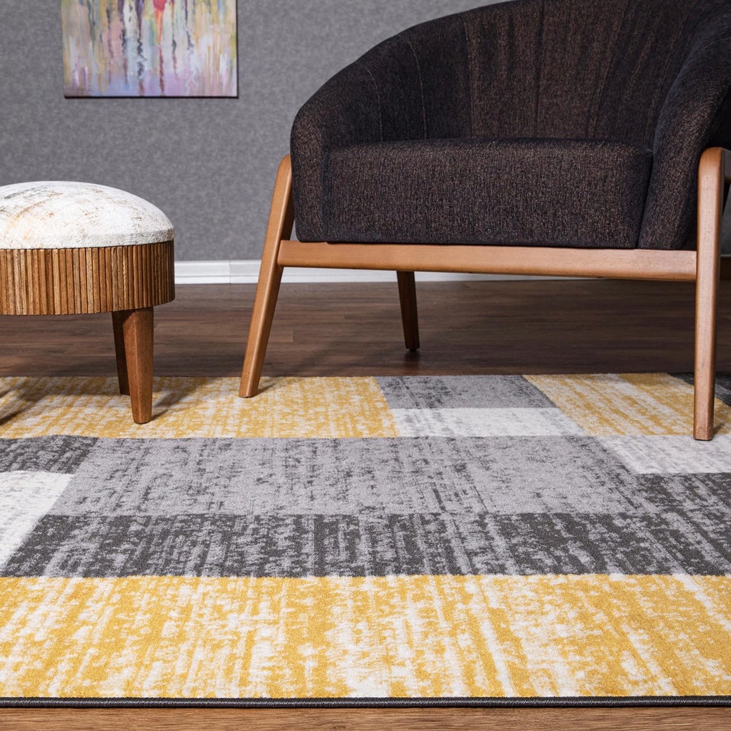Rugshop Oslo Modern Yellow Area Rug, Geometric Boxes Design, Carpet with Jute Backing for Living Room or Bedroom, 7'10" x 10'
