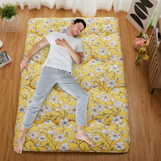MOVECOM Full Size Japanese Floor Futon Mattress, Modern Floral Printed Tatami Mat, Thick Foldable Floor Mattress, Roll Up Sleeping Pad Portable for Guest Room, Dormitory, Yellow