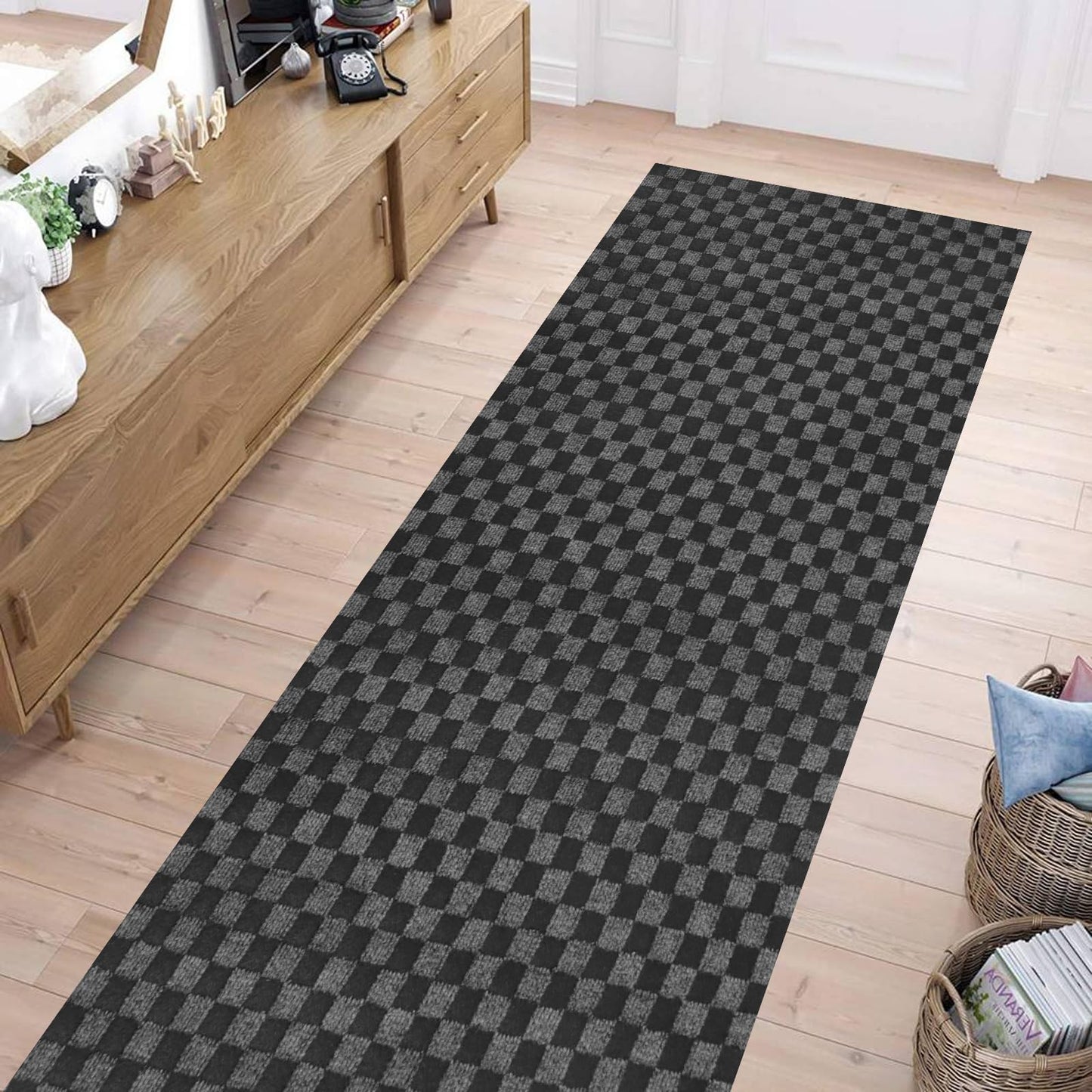 Runner Rug 2 ft x 6 ft, Outdoor/Indoor Rug with Rubber Backing Non Slip for Hallway, Kitchen, Patio, Laundry, RV, Entryway, Garage, Bathroom, Area Rug Carpet, Black Check, Customizable