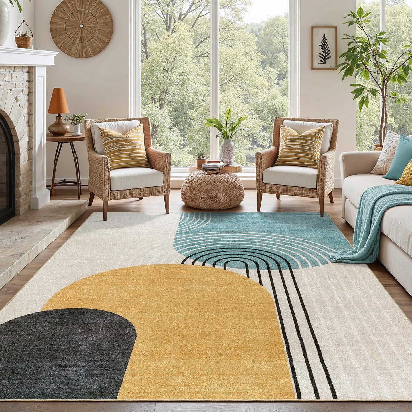 DCX Abstract Machine Washable 5x7 Rug, Mid Century Modern Rug for Living Room, Soft Low Pile Non Slip Carpet, Kid & Pet Friendly Stain Resistant Rug for Bedroom Dining Room Office, Blue & Yellow