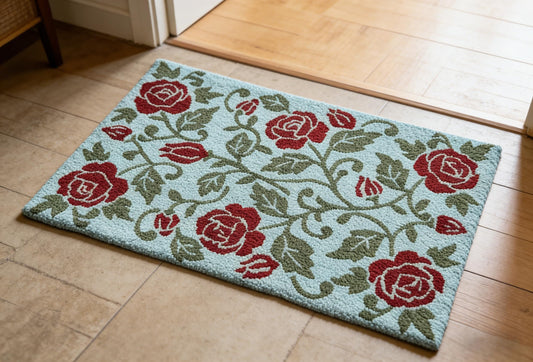 EZ.enjoy Hand Hooked Red Rose Vine Accent Rug 33"x21" – Turquoise Background Decorative Doormat, Cottagecore Floral Area Rug, Farmhouse Throw Rug for Entryway & Home Decor