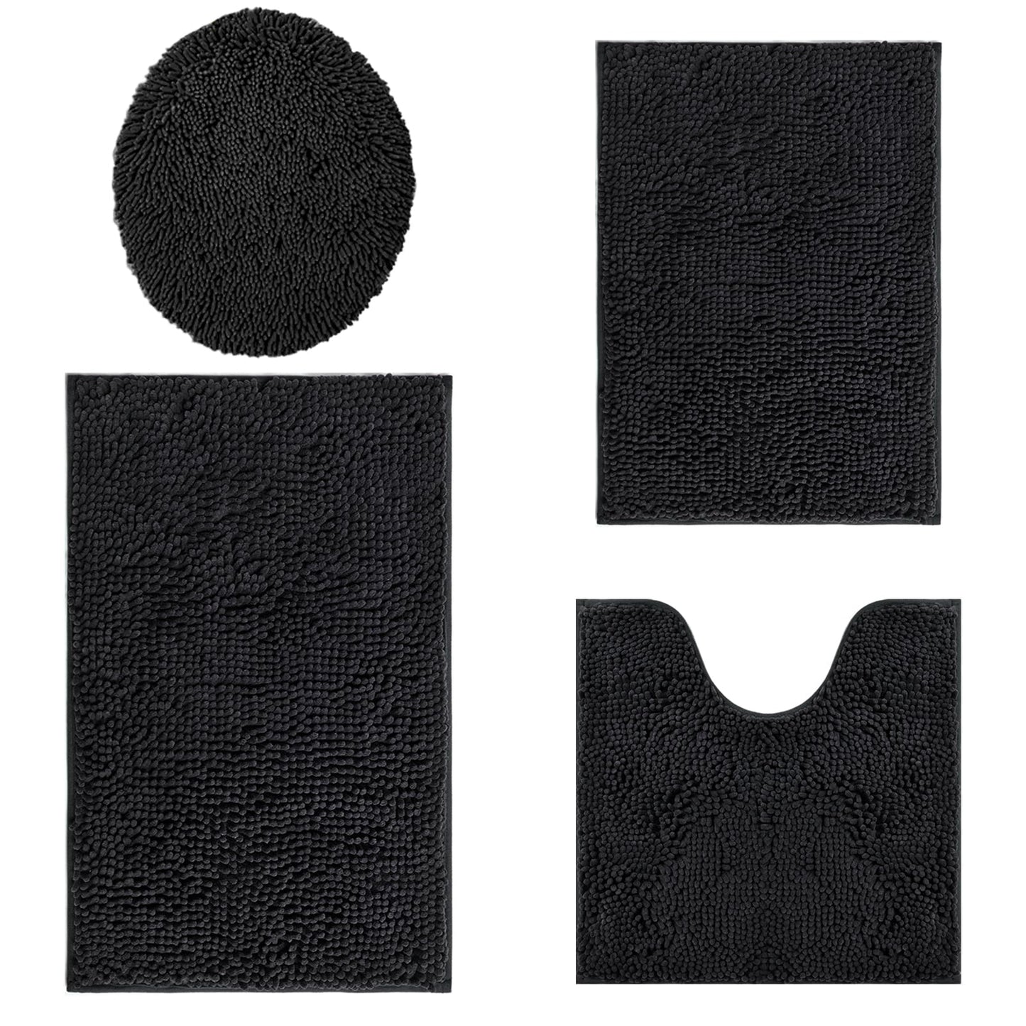 Bathroom Rugs Sets 4 Piece, Extra Soft Absorbent Chenille Bath Rugs, Non Slip Rubber Backing Machine Washable Quick Dry Bath Mats for Bathroom Floor, Tub, Shower, Home Decor Accessories, Black