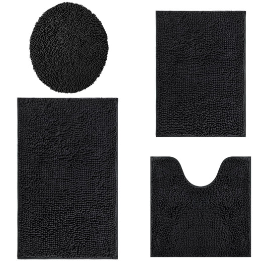 Bathroom Rugs Sets 4 Piece, Extra Soft Absorbent Chenille Bath Rugs, Non Slip Rubber Backing Machine Washable Quick Dry Bath Mats for Bathroom Floor, Tub, Shower, Home Decor Accessories, Black