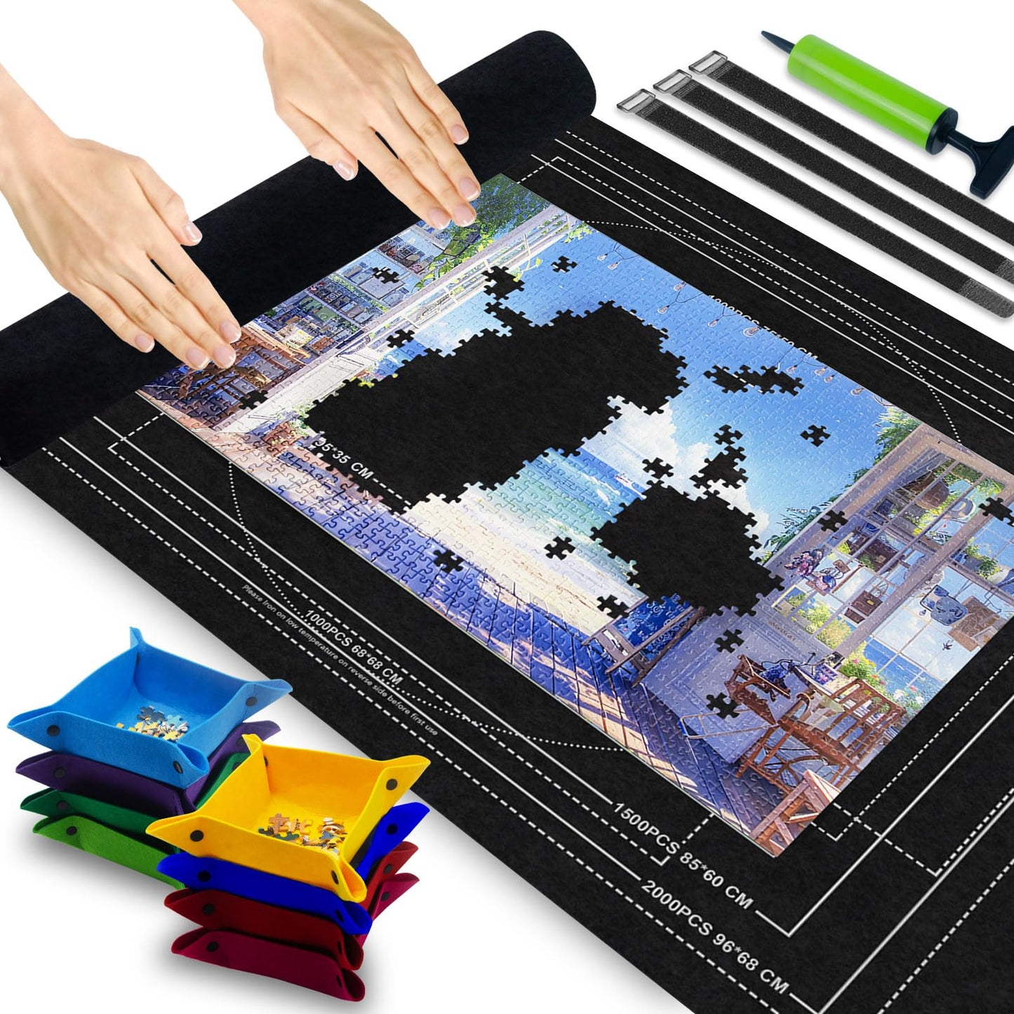 GWLKKE Jigsaw Puzzle Mat Roll Up with Storage Bag, 8 Sorting Trays, Inflatable Tube & Pump | Portable Puzzle Board & Saver for Up to 2000 Pieces | Felt Mat for Adults, Teenage, Travel