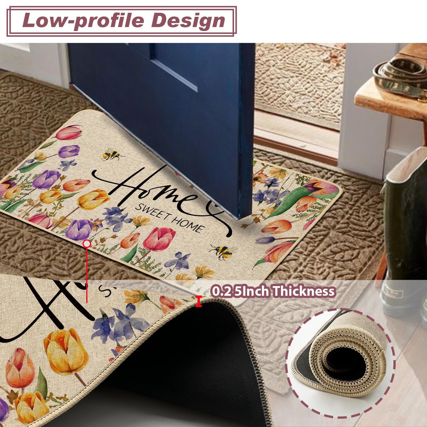 Baccessor Home Sweet Home Kitchen Mats Set of 2, Summer Floral Tulip Kitchen Rugs for Floor Spring Non Slip Low-Profile Seasonal Home Decor 17x29 and 17x47 Inch