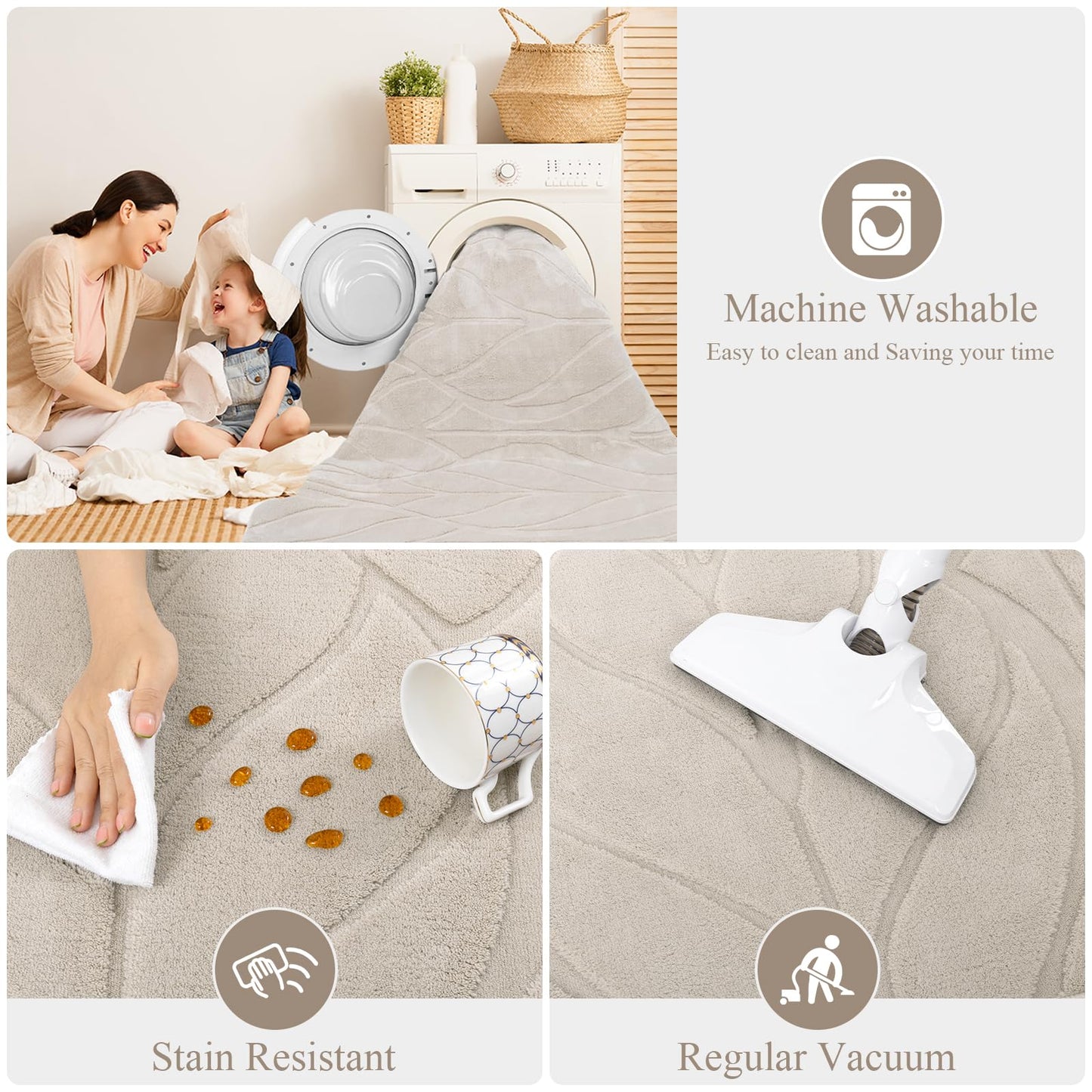 SHACOS Soft Area Rug for Living Room 8x10, Washable Non Slip Bedroom Rug Beige, Fluffy Large Rugs Carpet for Floor Living Room Kids Nursery Room, Home Decor Aesthetic - Leaf Pattern Design