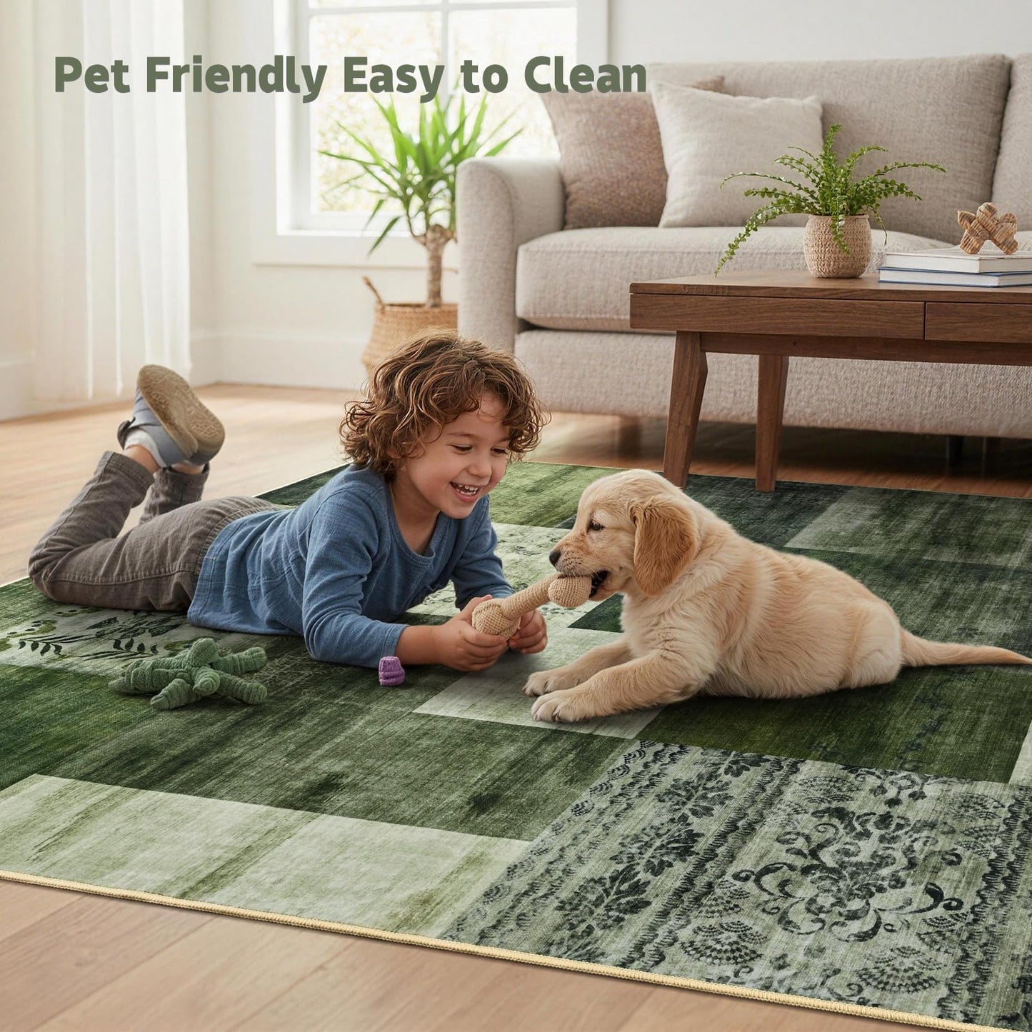 DweIke Washable Area Rugs 4x6 for Living Room, Modern Geometric Green Soft Patchwork Carpet, Non-Slip Stain Resistant Throw Rug for Bedroom Dining Room Office Home Decor