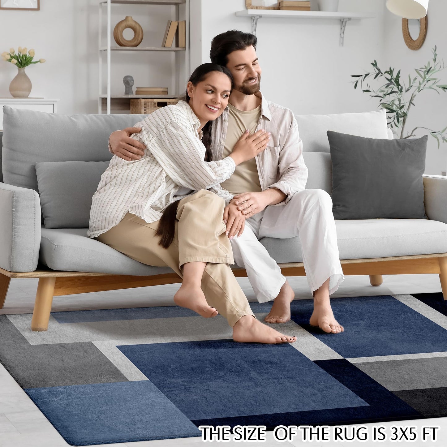 AICLIV Washable Low-Profile Geometric Area Rug, 0.2 inch Thin Abstract Rug Design for Living Room & Bedroom Decor, 3x5 ft Blue Grey Modern Non-Slip Floor Rug