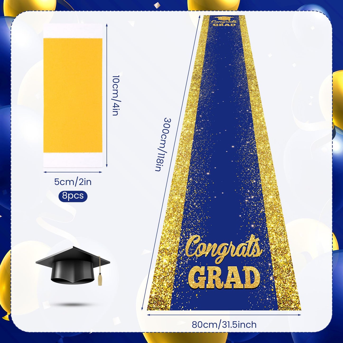 Blue Carpet Runner for Party, 10 x 2.6ft, Blue Gold Graduation Prom Decorations Polyester Fabric Runway Rug for Prom Party Decor Blue Aisle Runner for High School College Scholar Graduation Ceremony