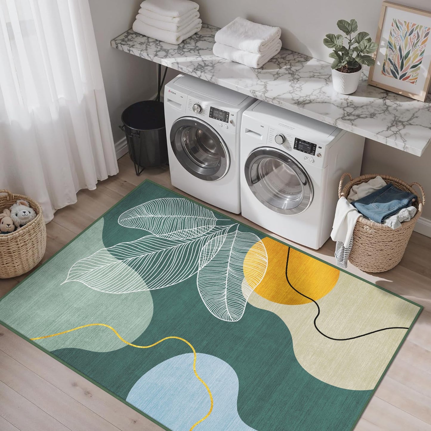 3x5 Green Tropical Area Rug for Living Room, Mid Century Boho Leaf Non-Slip Washable Botanical Print Indoor Floor Carpet, Modern Rugs for Bedroom Dining Room Laundry Room Office