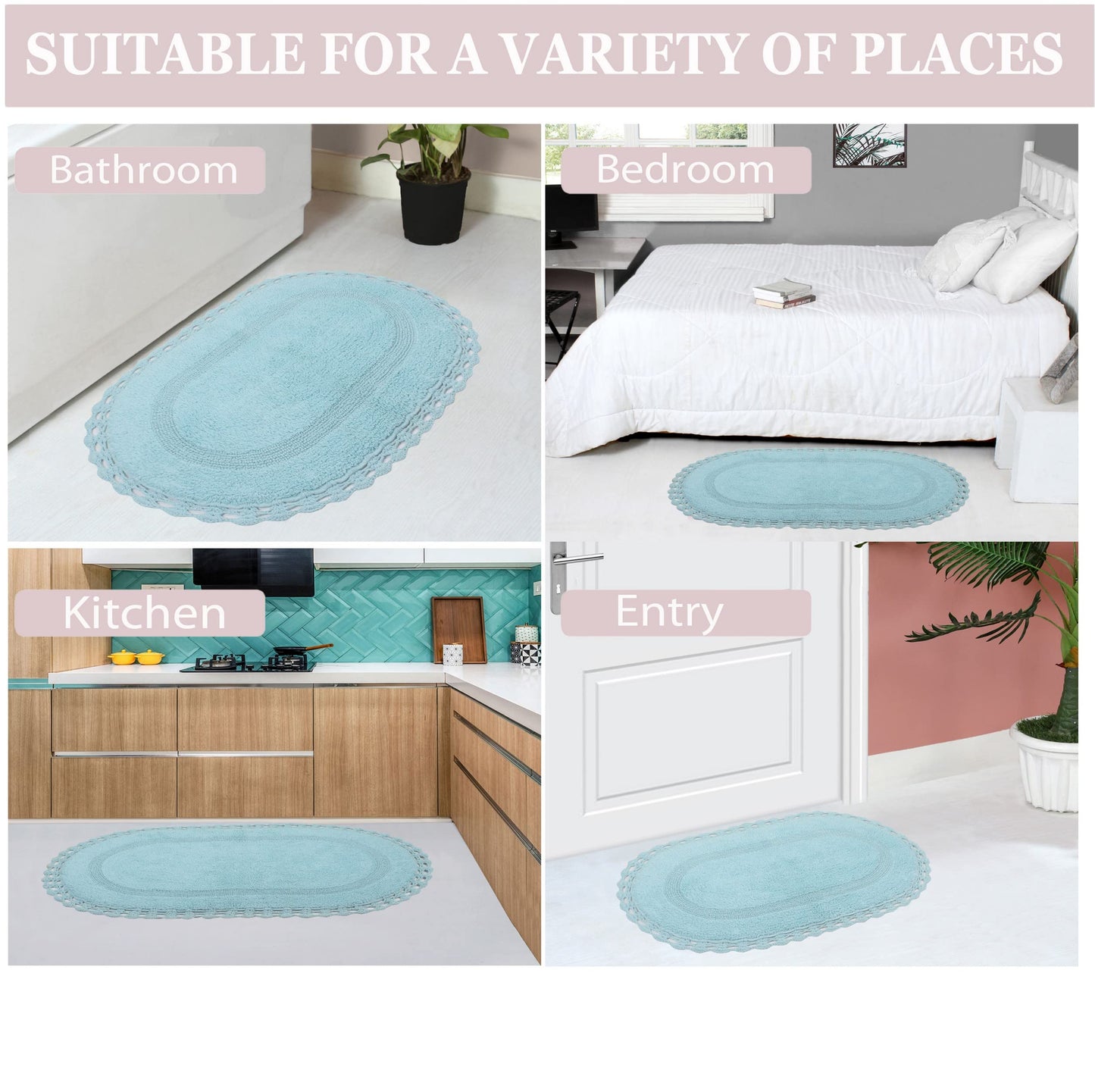 Home Weavers Hampton Crochet Reversible Bathmat 100% Cotton Bathroom Rug, Machine Washable Rug, Extra Soft and Absorbent Bath Rug, Kitchen Mat, 21"x54" Runner, Aqua