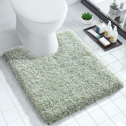 Yimobra Toilet Rugs U Shaped Washable 24X20, Ultra Soft and Water Absorbent Bath Mats, Non Slip Fluffy Shaggy Luxury Microfiber Contour Bath Rugs for Toilet, Dry Quick, Light Green and White