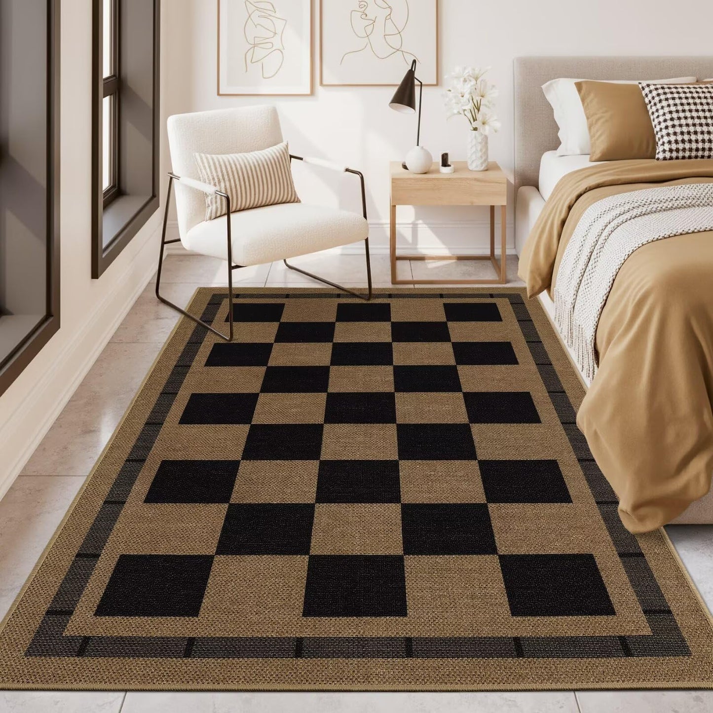 3x5 Outdoor Rug, Jute Checkered Rugs, Patio, Entryway, Balcony, Porch Indoor Plaid Carpets, Washable Bedroom Kitchen Carpet, Non Slip Farmhouse Neutral Laundry Office Floor Mat, Black and Brown