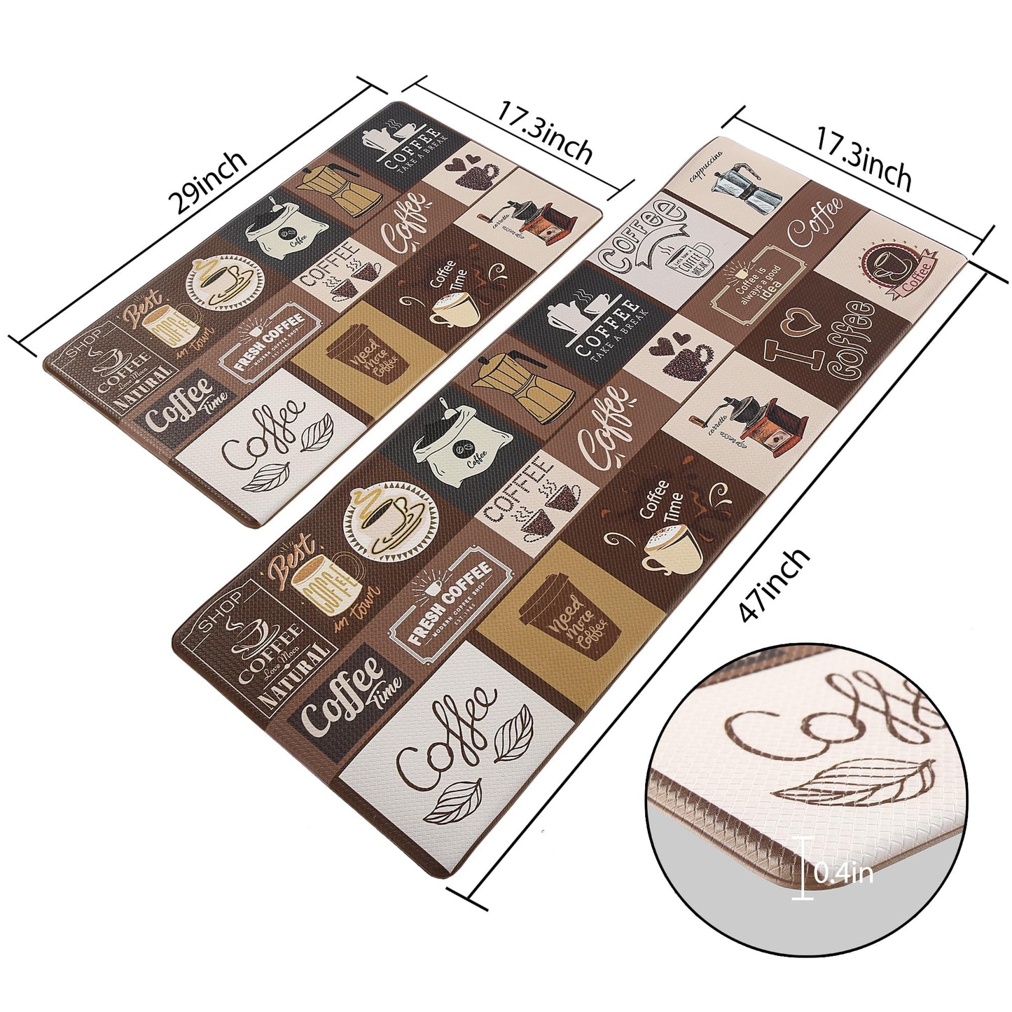 PCSWEET HOME Coffee Kitchen Mats Sets 2 Piece Cushioned Anti Fatigue Kitchen Rugs,Farmhouse Kitchen Rugs Waterproof Non-Slip Comfort Mat for Kitchen, Home, Office, Laundry (Light Coffee)
