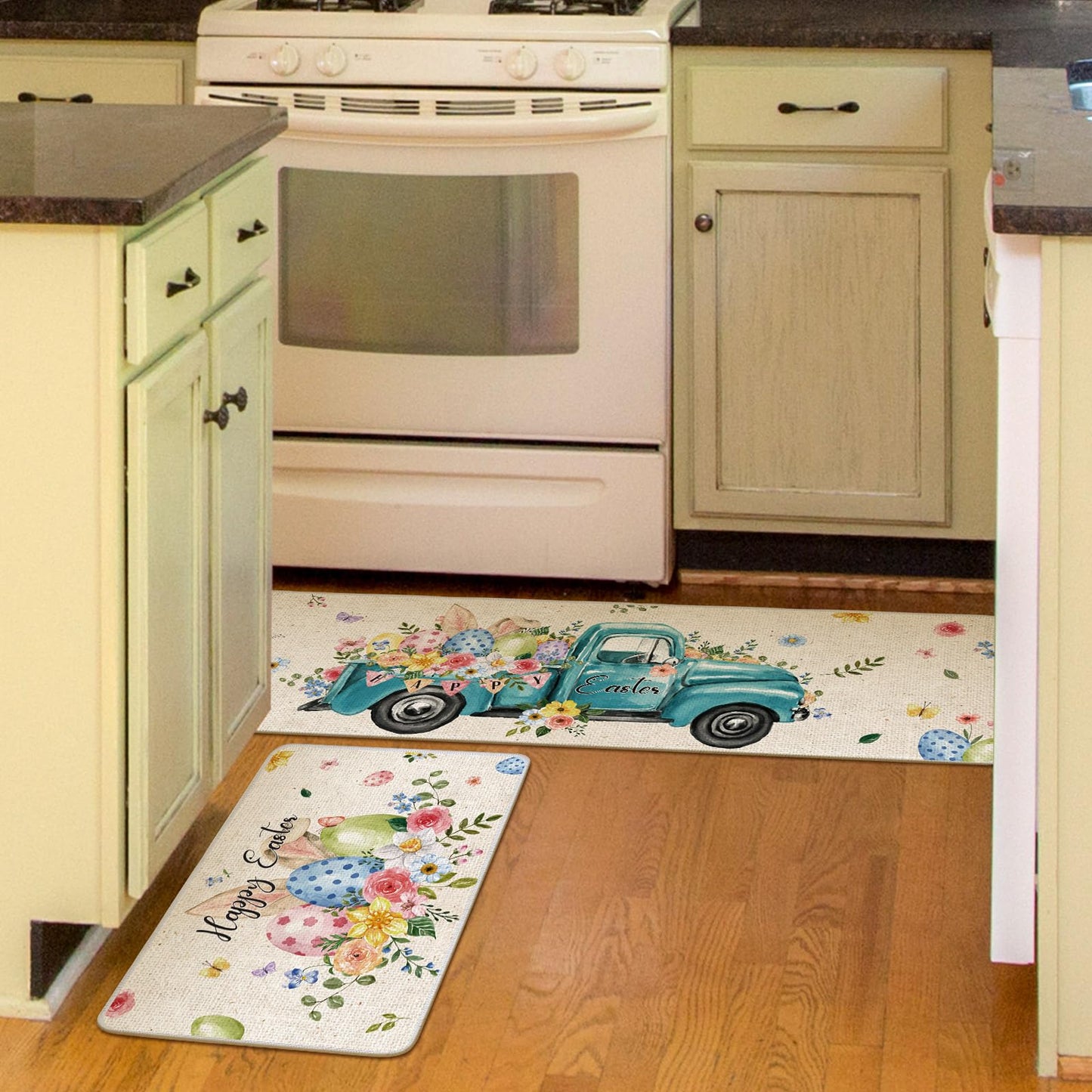 Drydiet 2 Pcs Easter Kitchen Mats Non Slip Washable Kitchen Rugs and Mats Truck Easter Egg Decorative Kitchen Floor Mat Seasonal Doormat for Home Bathroom Holiday Easter Party Decoration