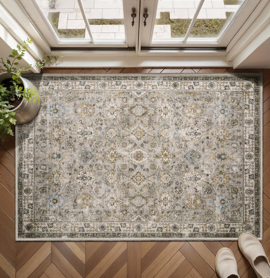 Tangsoo 2x3 Small Throw Rugs for Entryway Washable Entry Rug Non Slip,Vintage Beige Floral Indoor Rugs Distressed Grey Small Carpet Soft Low Pile Boho Gray Door Mat for Entrance Bedroom Kitchen Foyer