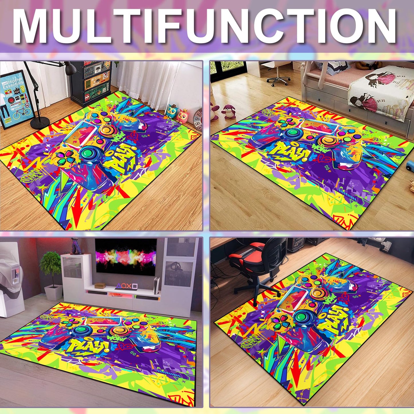 Gaming Area Rug Teen Boys Carpet, Colorful Graffiti Gamepad Graffiti Background Game Controller Design for Game Room, Boys Girls Bedroom Playroom, Living Room (Graffiti, 79" x 59")