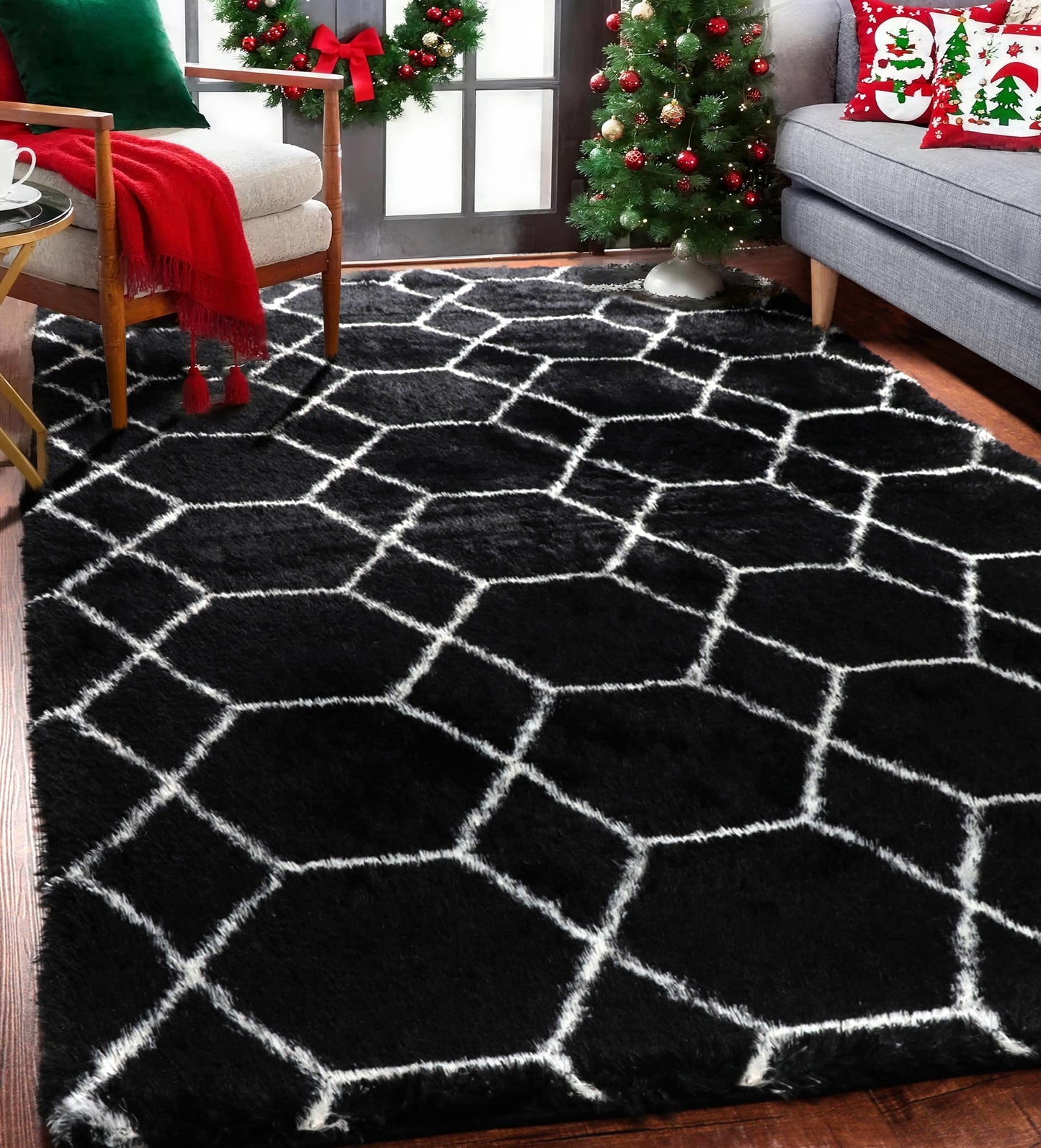 ONASAR 5x7 Area Rugs for Living Room Bedroom, Fluffy Black and White Rug, Geometric Boho Soft Plush Shaggy Floor Carpet Mat for Nursery Kids Girls Boys Teen Dorm Home Decor Aesthetic