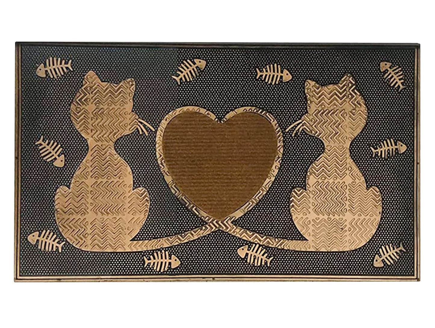 A1HC Rubber Welcome Doormat for Outdoor Indoor Entrance, Non-Slip Backing Front Door Mat for High Traffic Area Use, Fun Designed Entrymat, 18"x30" Twin Cats Heart Copper