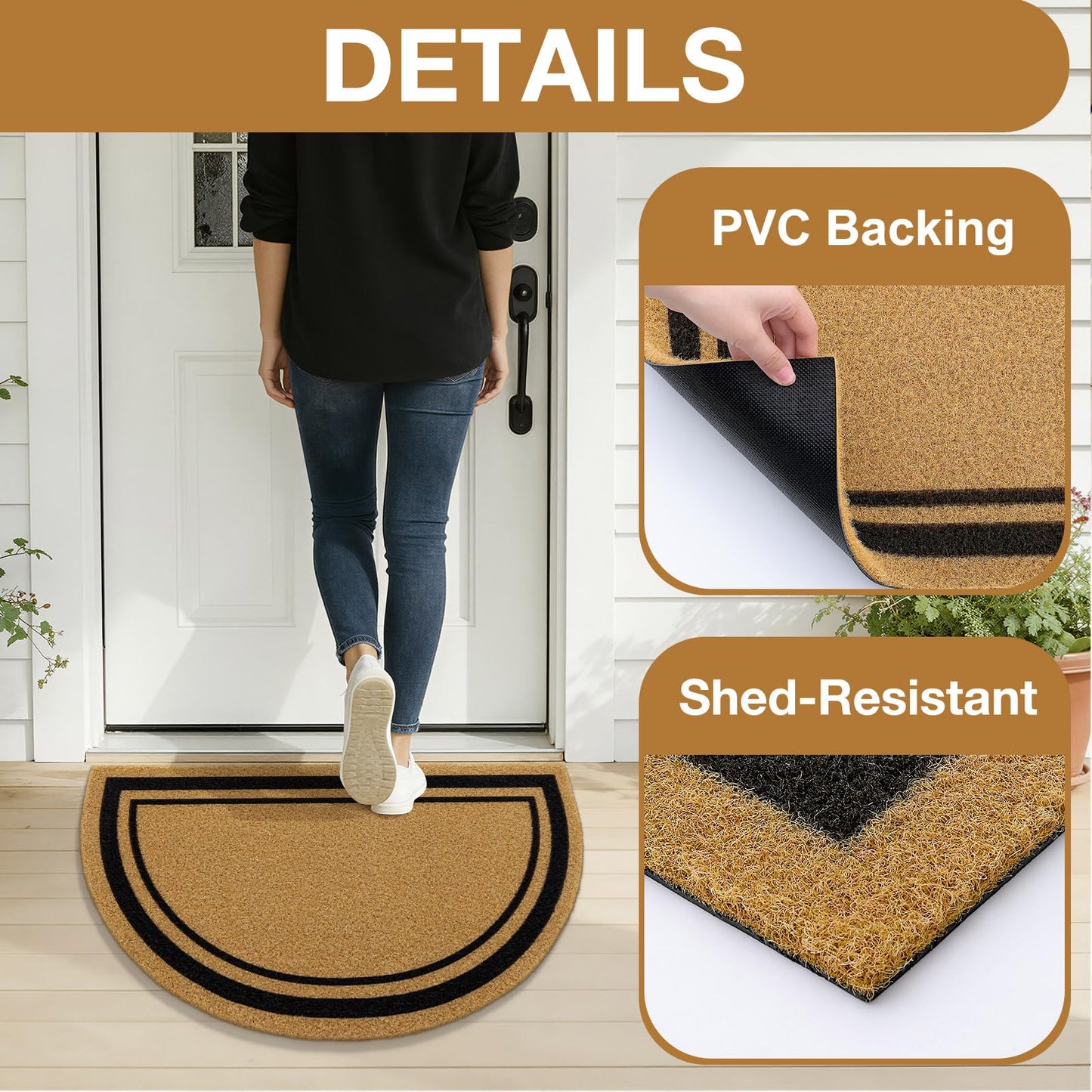 OLANLY Half Circle Front Door Mat, Low Profile Doormat, Stain and Fade Resistant, Easy to Clean, for Indoor and Outdoor Entrances, Patio Porch or Entryway, Brown (30x17 Inch, Classic Border)