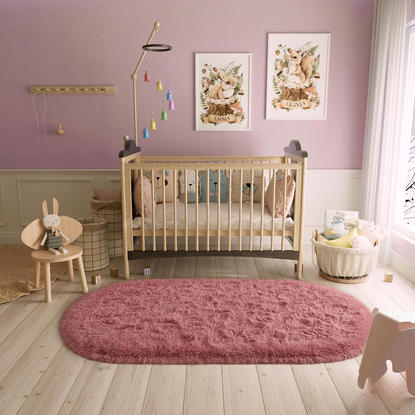 LOCHAS Bedroom Rug 2.6' x 5.3', Blush Fluffy Shaggy Area Rug for Bedroom Bedside, Soft Oval Throw Rugs Carpet for Kids Girls Nursery Living Room Home Decor