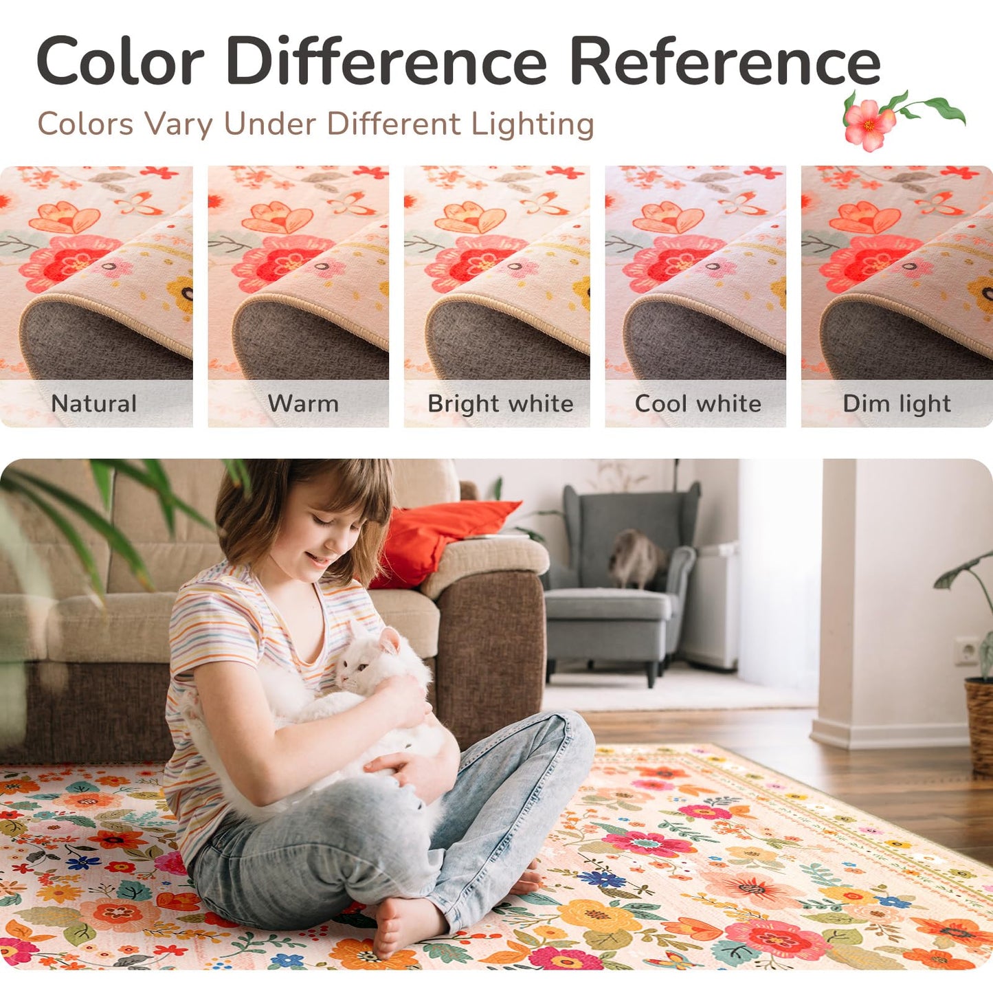 5x7 Area Rugs, Washable Floral Rug, Low Pile Non-Slip Carpet, Flower Rug for Living Room Bedroom Hallway Entryway Kitchen Office, Pink Beige