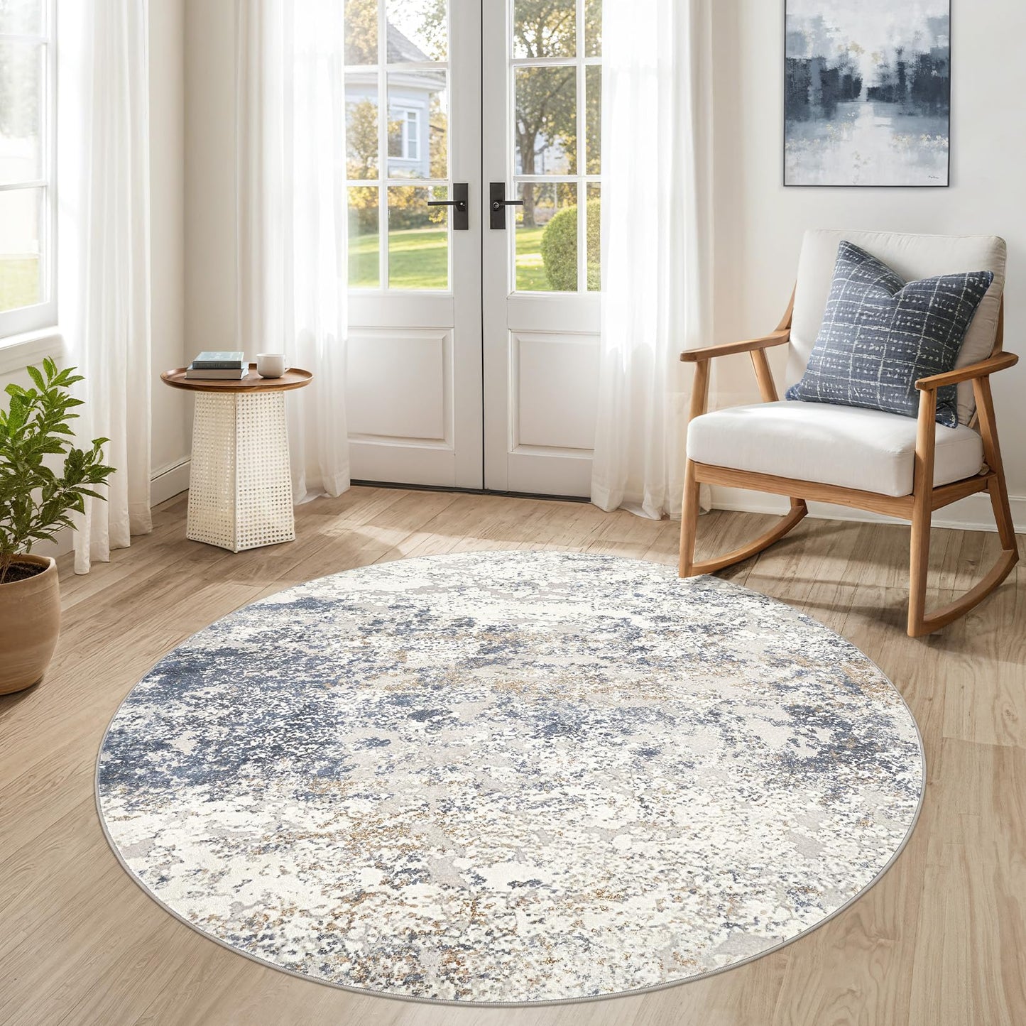 DMOYEST 5ft Round Area Rug Living Room Rugs - 5x5 Washable Large Soft Indoor Neutral Modern Abstract Low Pile Rug Carpet for Bedroom Dining Room Farmhouse Home Office - Beige Blue