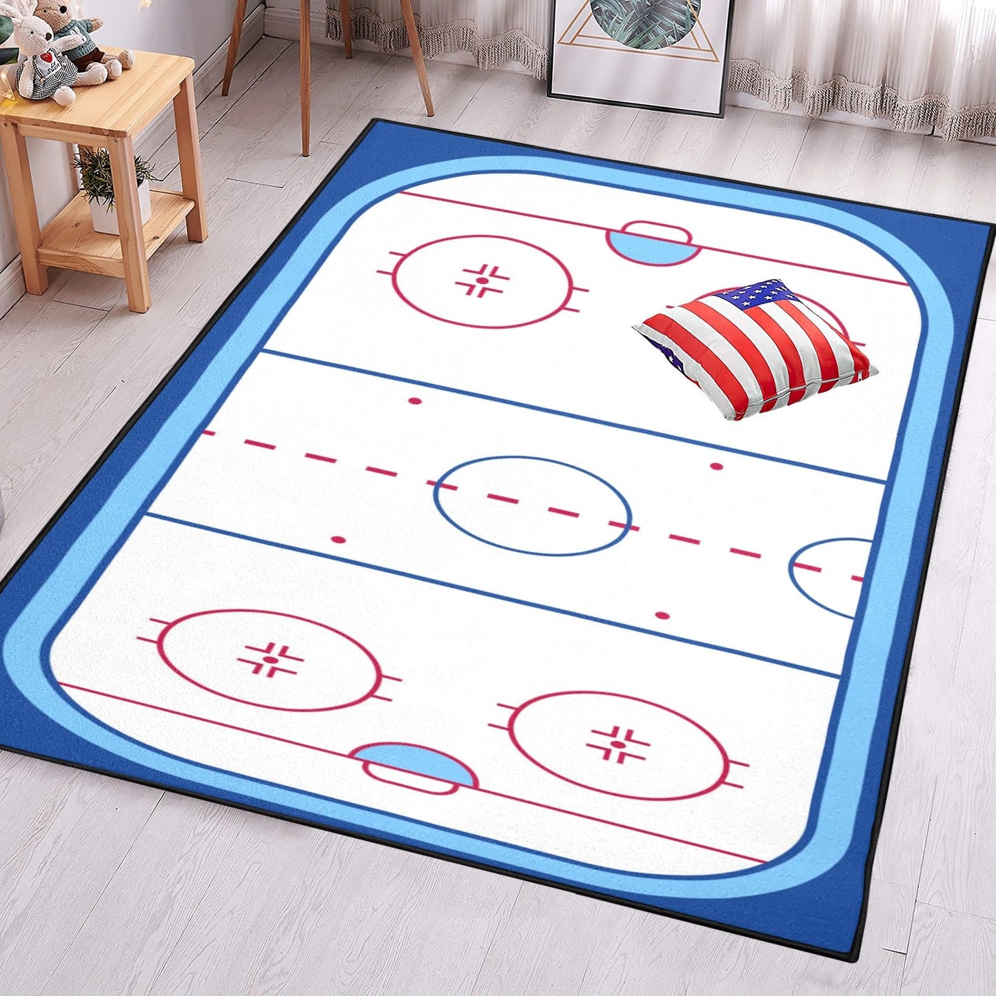Ice Hockey Rink Printed Area Rug American Ice Hockey Sport Carpet Winter Sport Game Area Rugs Non-Slip Floor Mat for Living Room Bedroom Playroom Decor Gift for Ice Hockey Lovers 4'x 5.3'