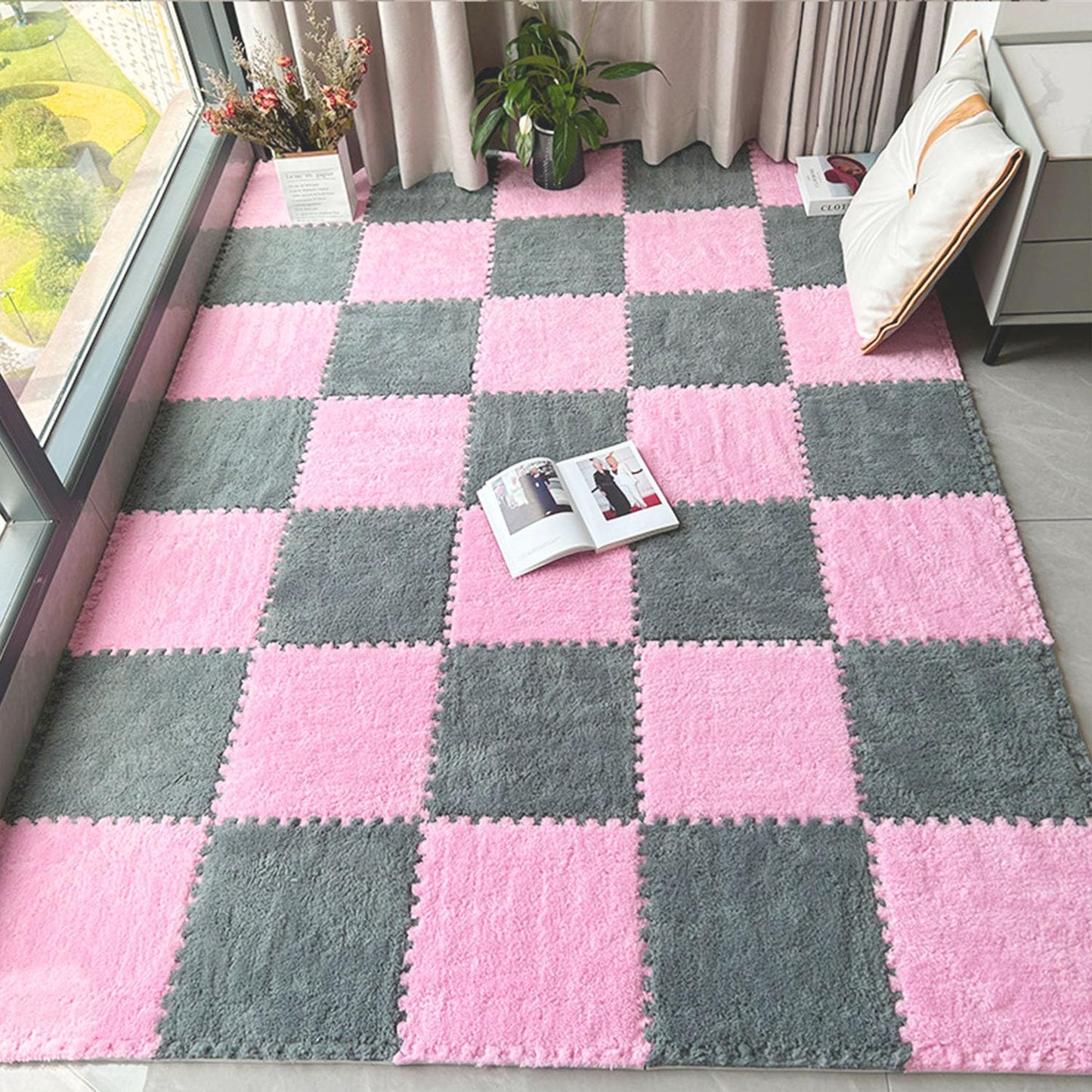 12 Pcs Carpet Foam Floor Tiles Kids Play Mat Plush Interlocking Carpet Tiles Anti-Slip Soft Protect Baby Foam Mats Replaceable Washable Puzzle Floor Mats for Playroom, Bedroom, Home Decor, 49" x 37"