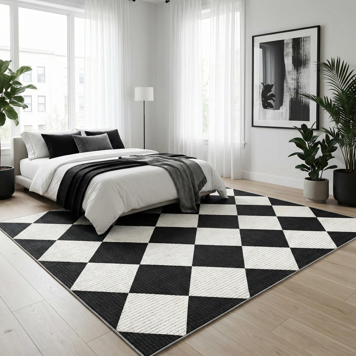 GarveeHome 5x7 Modern Checkered Area Rug, Black and White Washable Rugs for Living Room Bedroom, Soft Low Pile Non Slip Diamond Floor Mat Plaid Print Throw Rug Indoor Carpet Dining Room Playroom