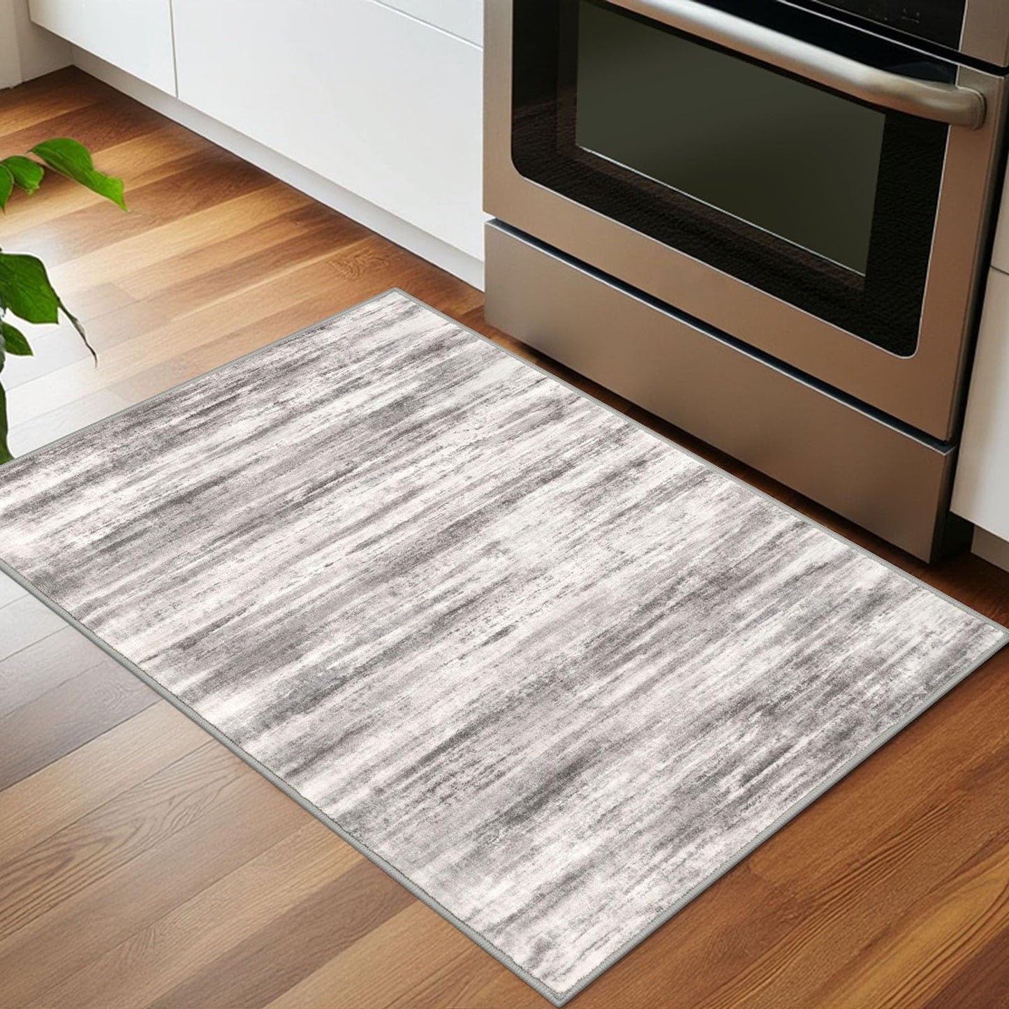 KOZYFLY Modern Abstract Small Area Rugs 2x3, Washable Kitchen Rug Non-Slip Soft Small Bathroom Rug, Grey/Light Beige/Brown Striped Entryway Rugs Abstract Print Faux Wool Doormat