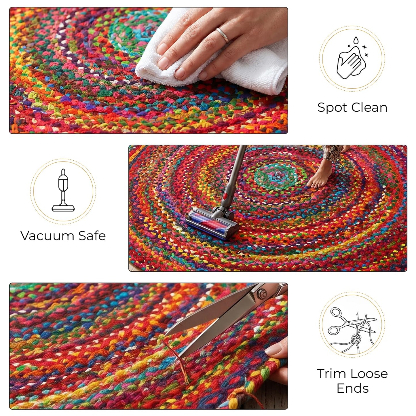 GRUHUM Cotton Area Rug 5ft-Natural Fiber Round Multicolour Handmade Boho Charm Farmhouse Soft Braided Rustic Vintage for Living Room Bedroom Indoor EcoFriendly Kitchen Enterways Hallways(5'ft Round)