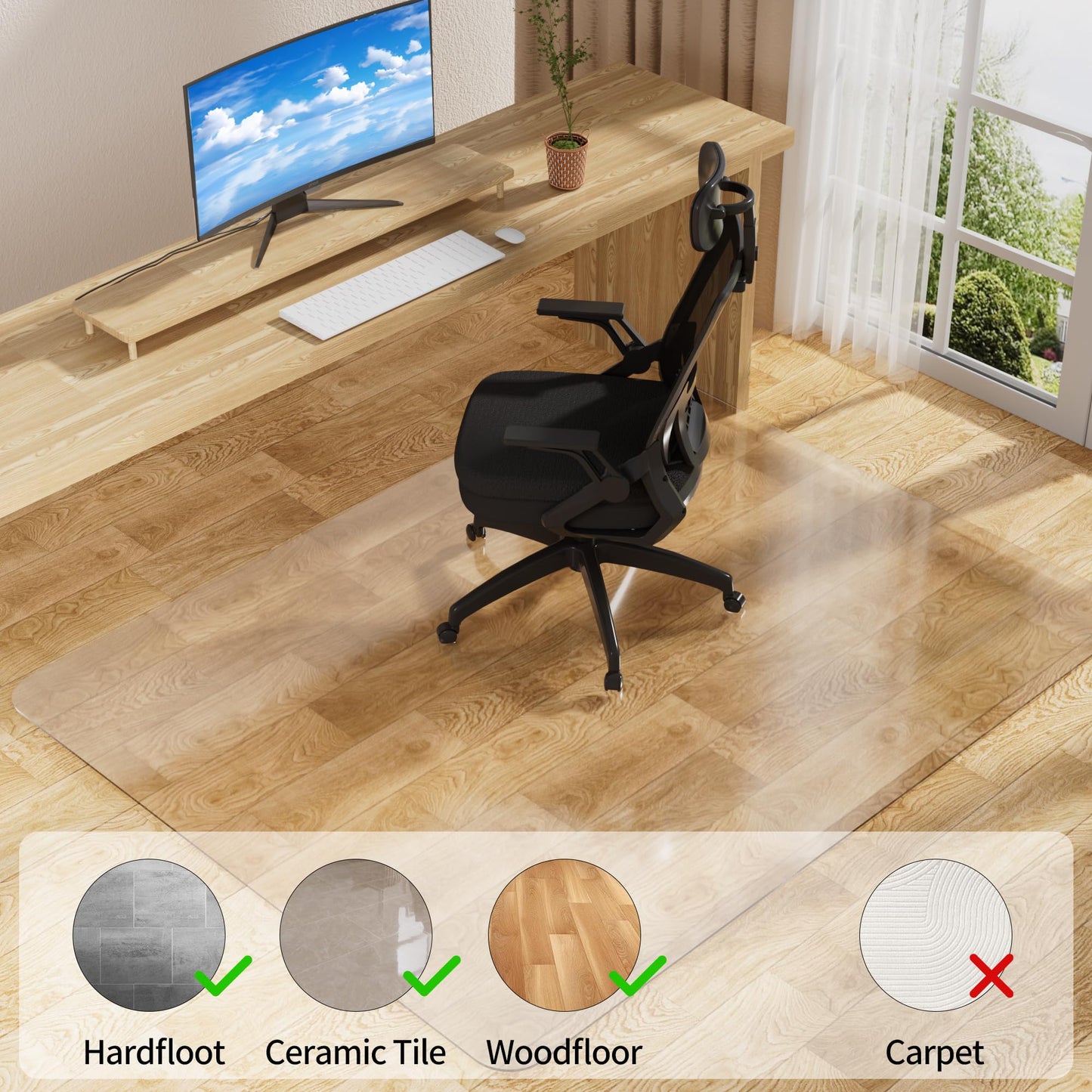Office Chair Mat for Hard Floors 36 x 48 Inch, Clear Plastic Floor Protector for Rolling Desk & Computer Chairs, Transparent Under Desk Mat for Hardwood, Wood & Tile Floors
