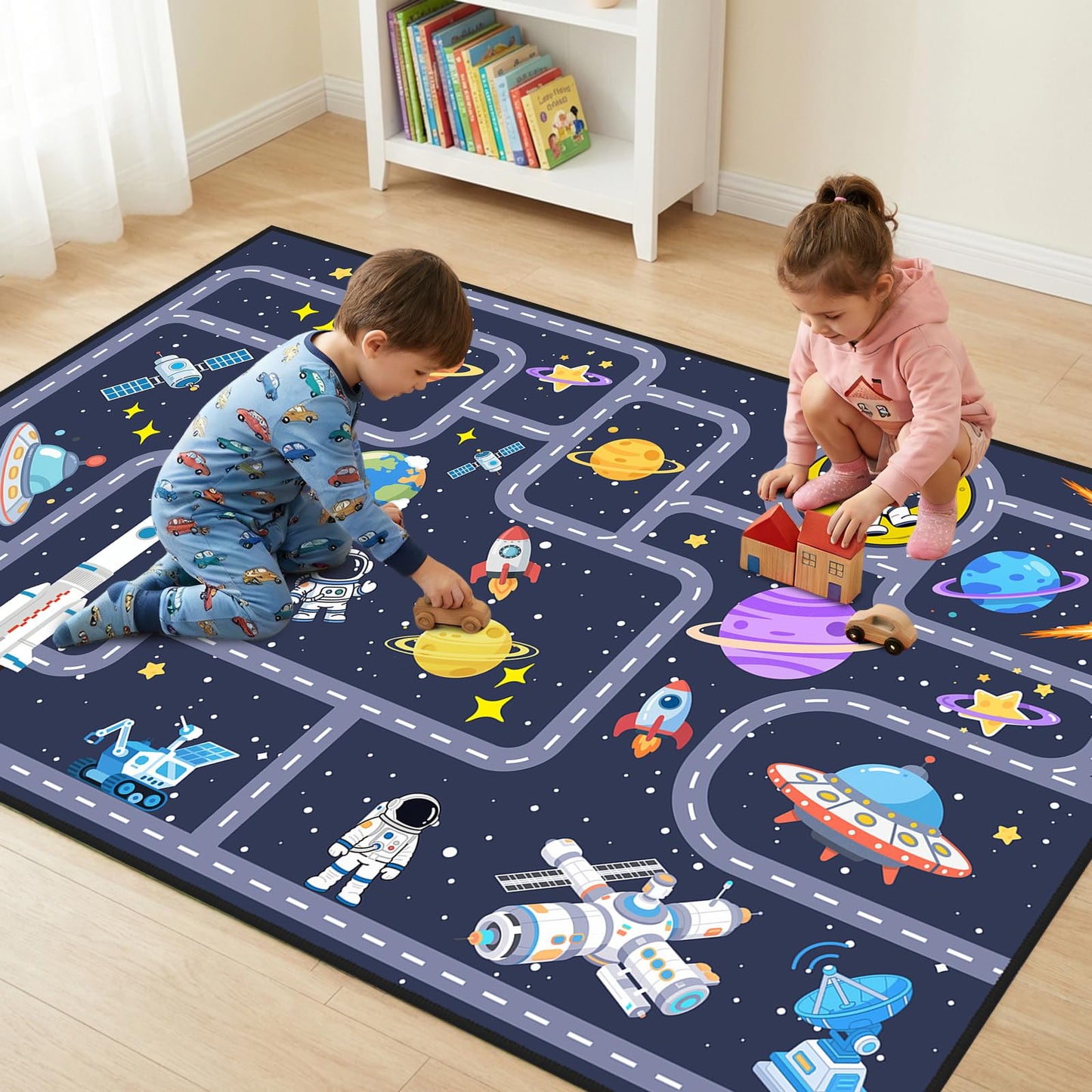 FTBNIQWRHN Outer Space Rug for Boys Room 2.5x4 Feet, Non-Slip Kids Rug with Roads and Tracks, Solar System Planet Play Mat, Galaxy Area Rugs for Bedroom, Playroom, Educational Floor Carpet