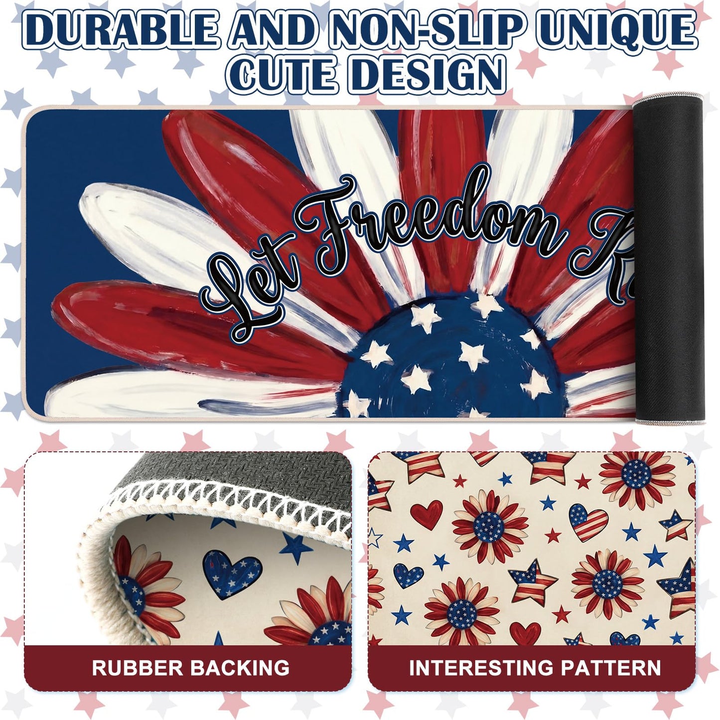 Dunzy 3 Pcs 4th of July Kitchen Rugs Independence Day Patriotic Kitchen Mats American Rugs Non Slip Washable Mats for Floor Home 250th Anniversary Decor, 17 x 30, 17 x 30 and 17 x 47 inch