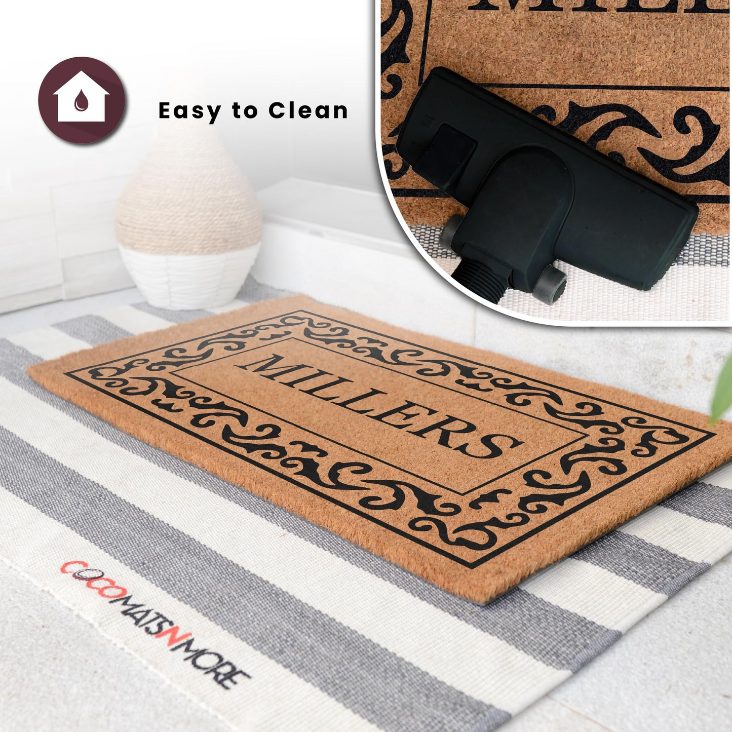 COCO MATS 'N MORE Coco Coir Door Mat – Personalized Outdoor Welcome Mat, Front Porch Mat with Vinyl Backing & Heavy-Duty Dirt-Trapping Bristles, (18" x 30" | Black | Rolling Scrolls | Made in USA)